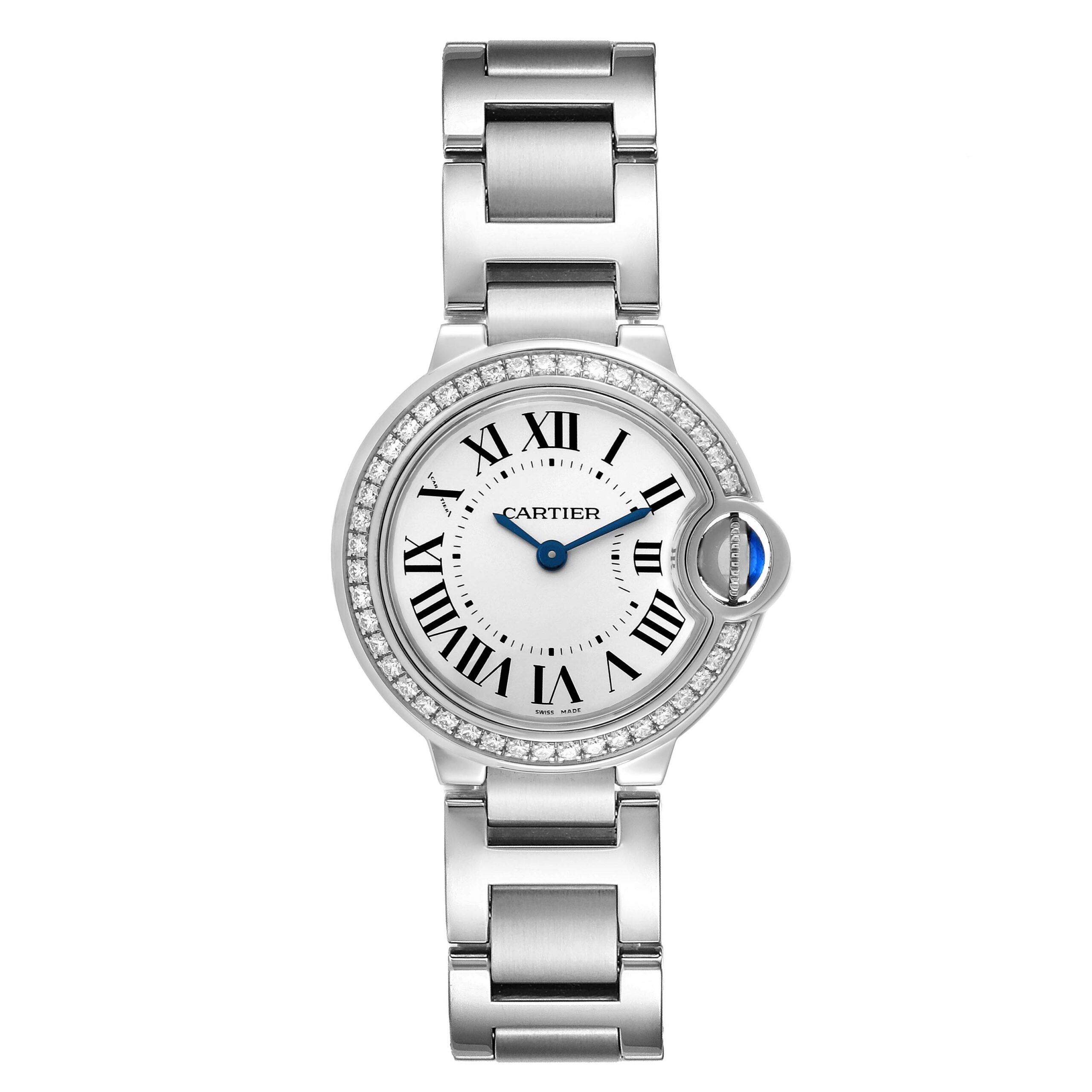 Cartier Ballon Bleu Steel Silver Dial Diamond Ladies Watch W4BB0015 Box Papers