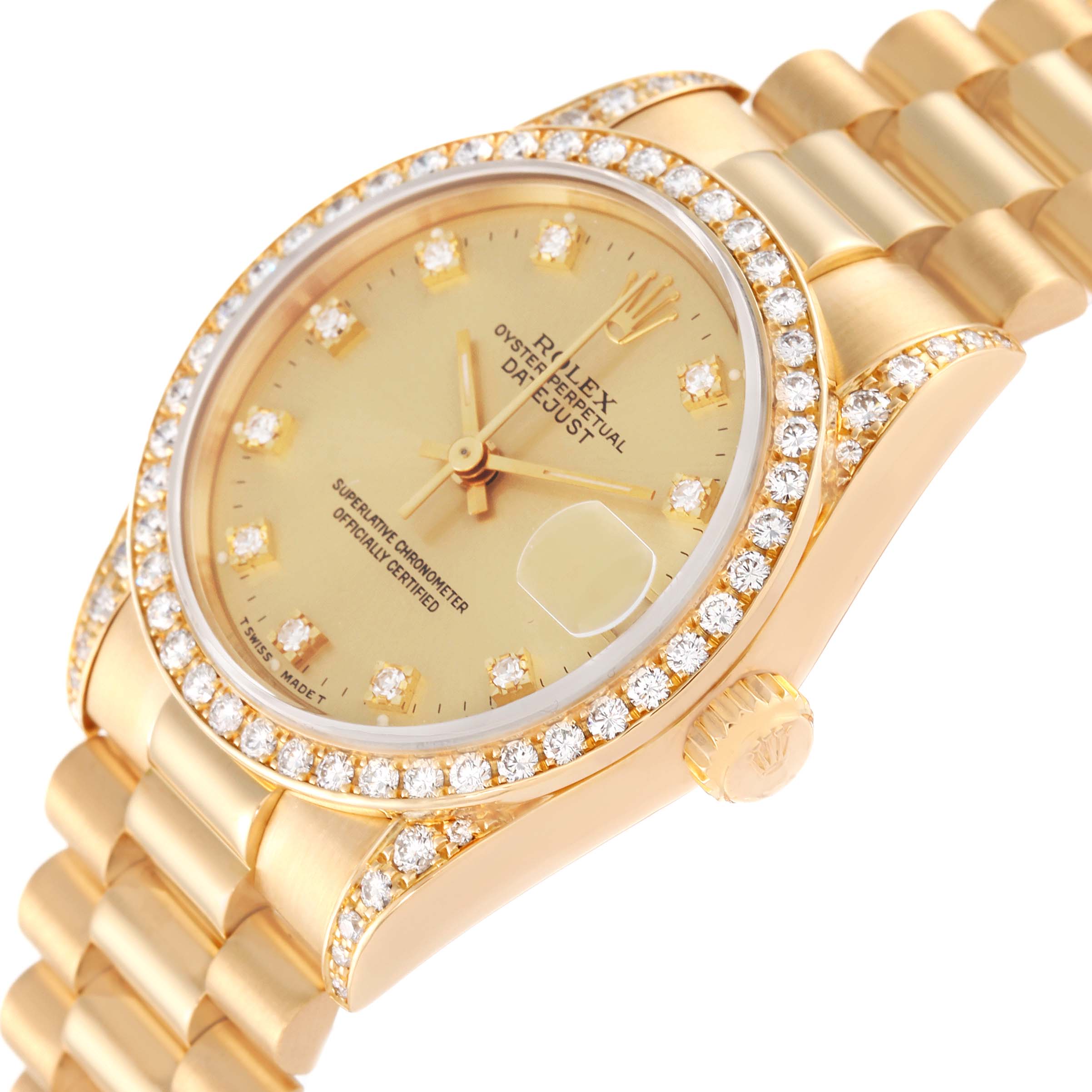 Rolex Datejust President Midsize Yellow Gold Diamond Bezel Ladies Watch 68158
