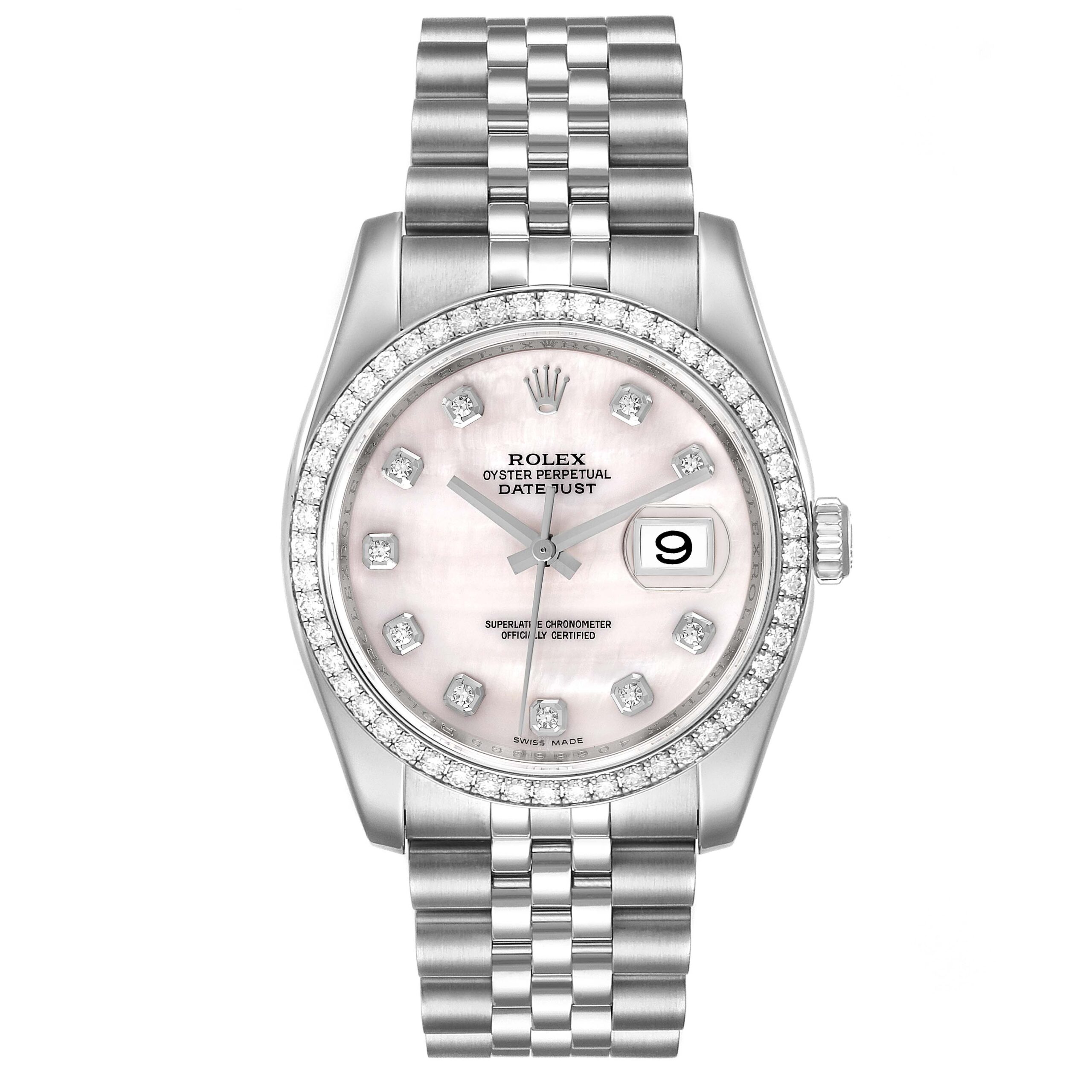 Rolex Datejust Mother of Pearl Diamond Steel Mens Watch 116244 Box Card  #x2B; 1 Watch Link