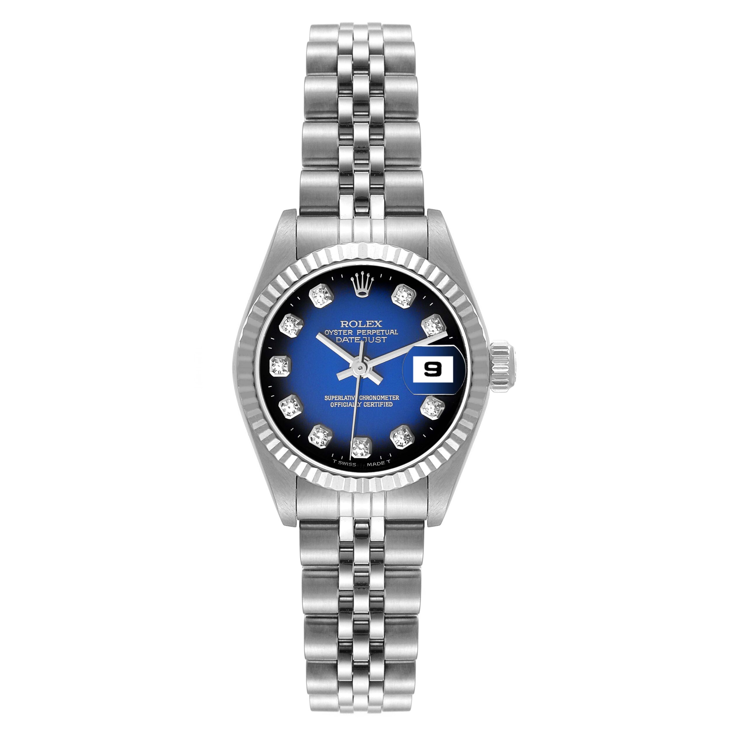 Rolex Datejust Steel White Gold Blue Vignette Diamond Dial Ladies Watch 79174