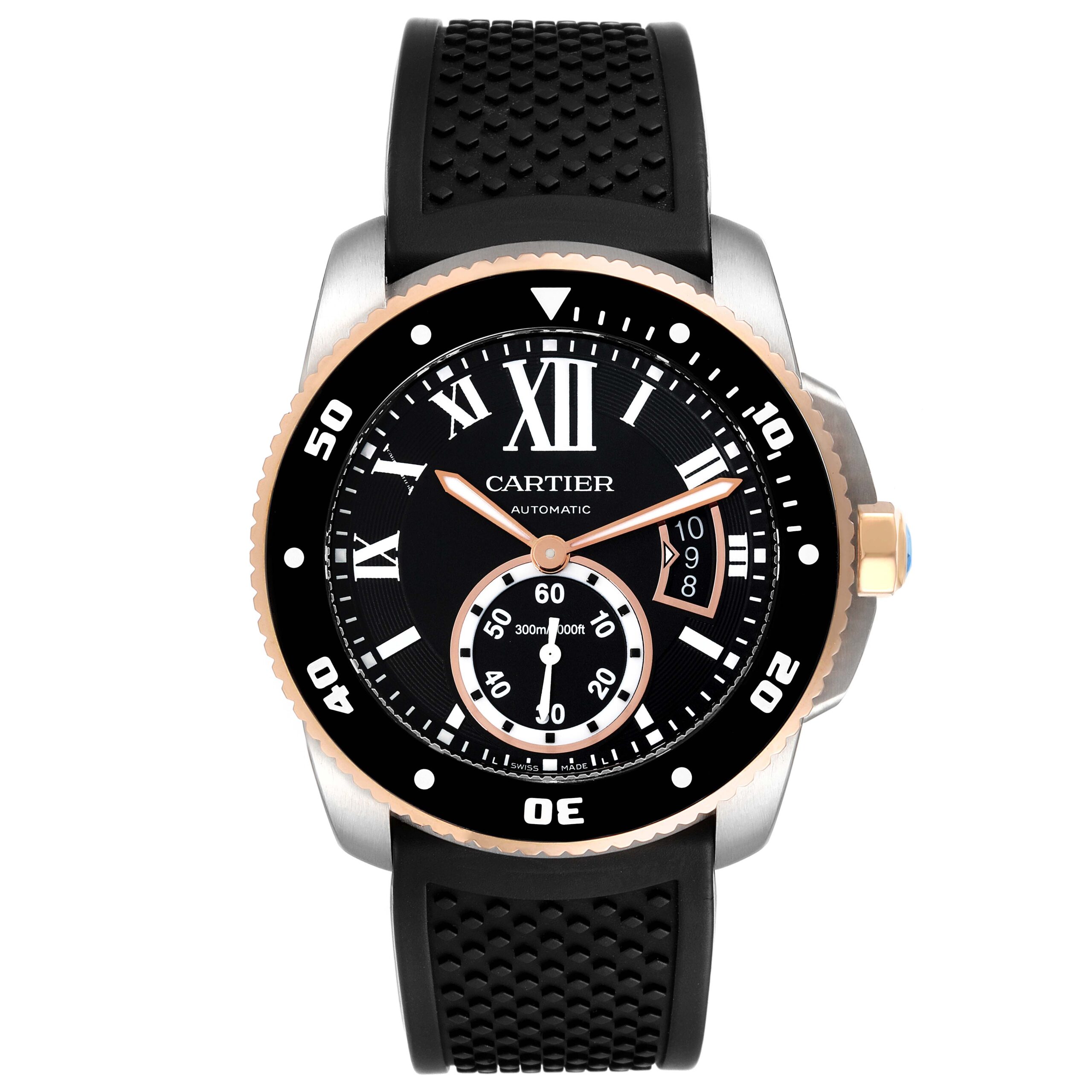 Cartier Calibre Diver Steel Rose Gold Black Dial Mens Watch W7100055 Box Papers