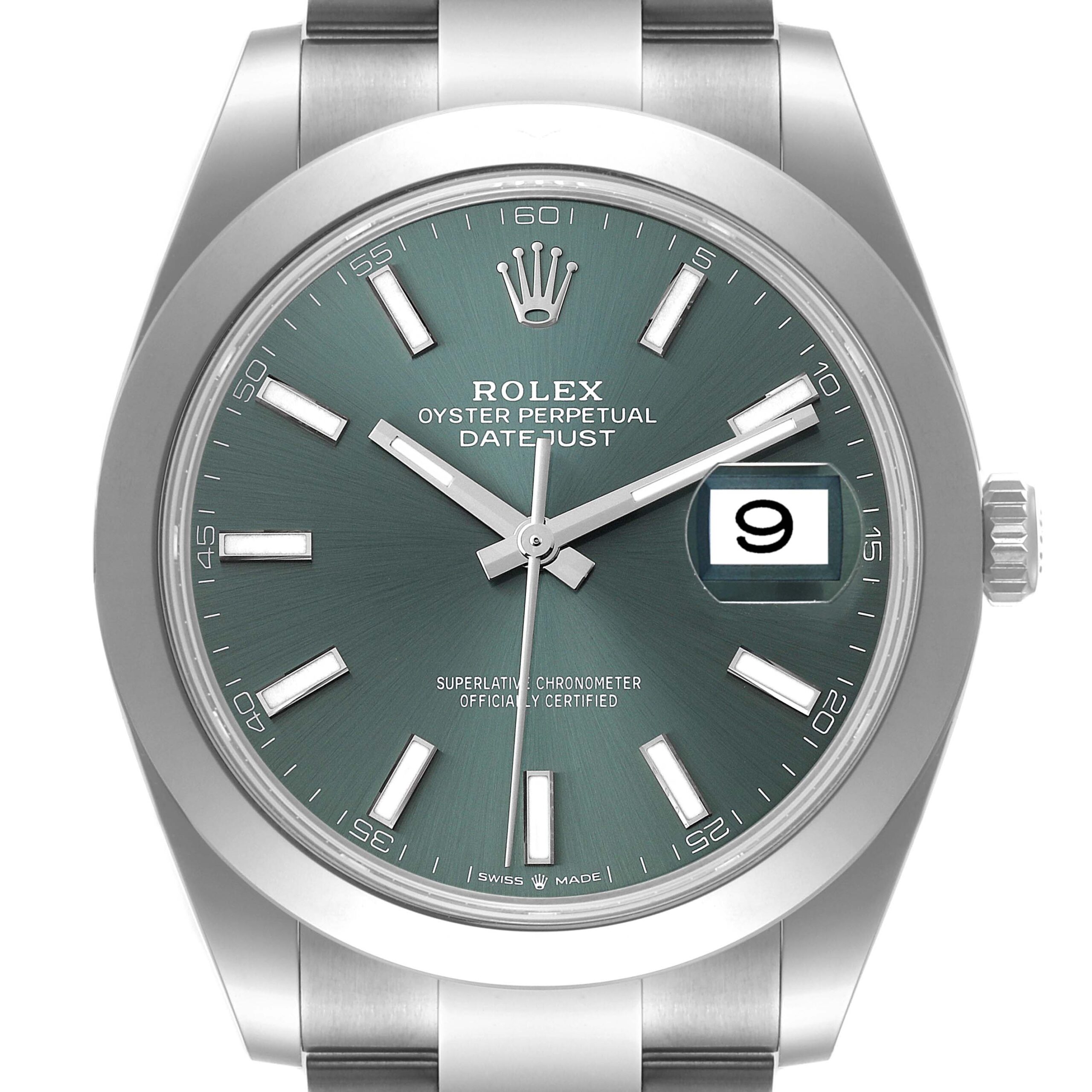 Rolex Datejust 41 Mint Green Dial Smooth Bezel Steel Mens Watch 126300 Unworn