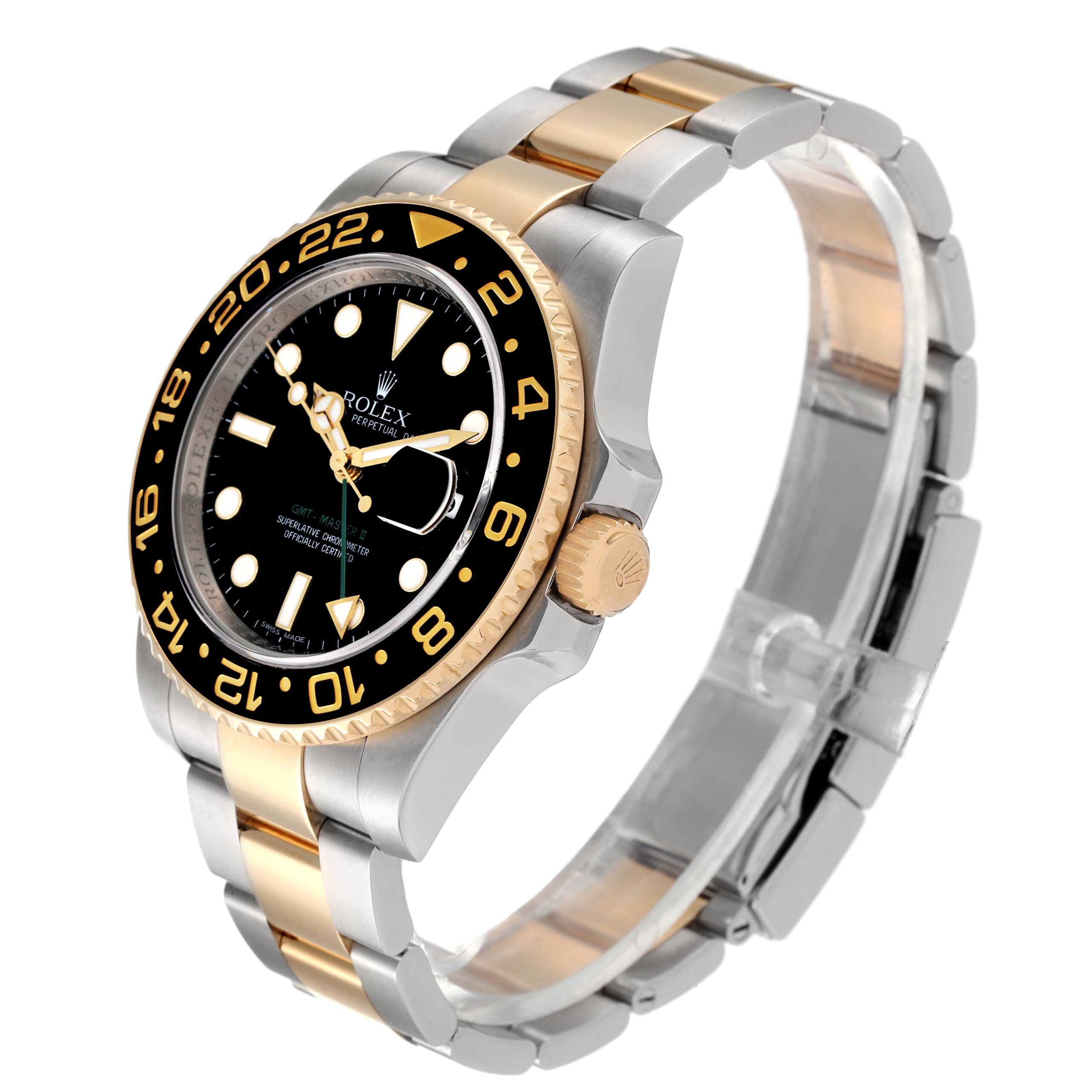 Rolex GMT Master II Yellow Gold Steel Black Dial Mens Watch 116713 Box Card
