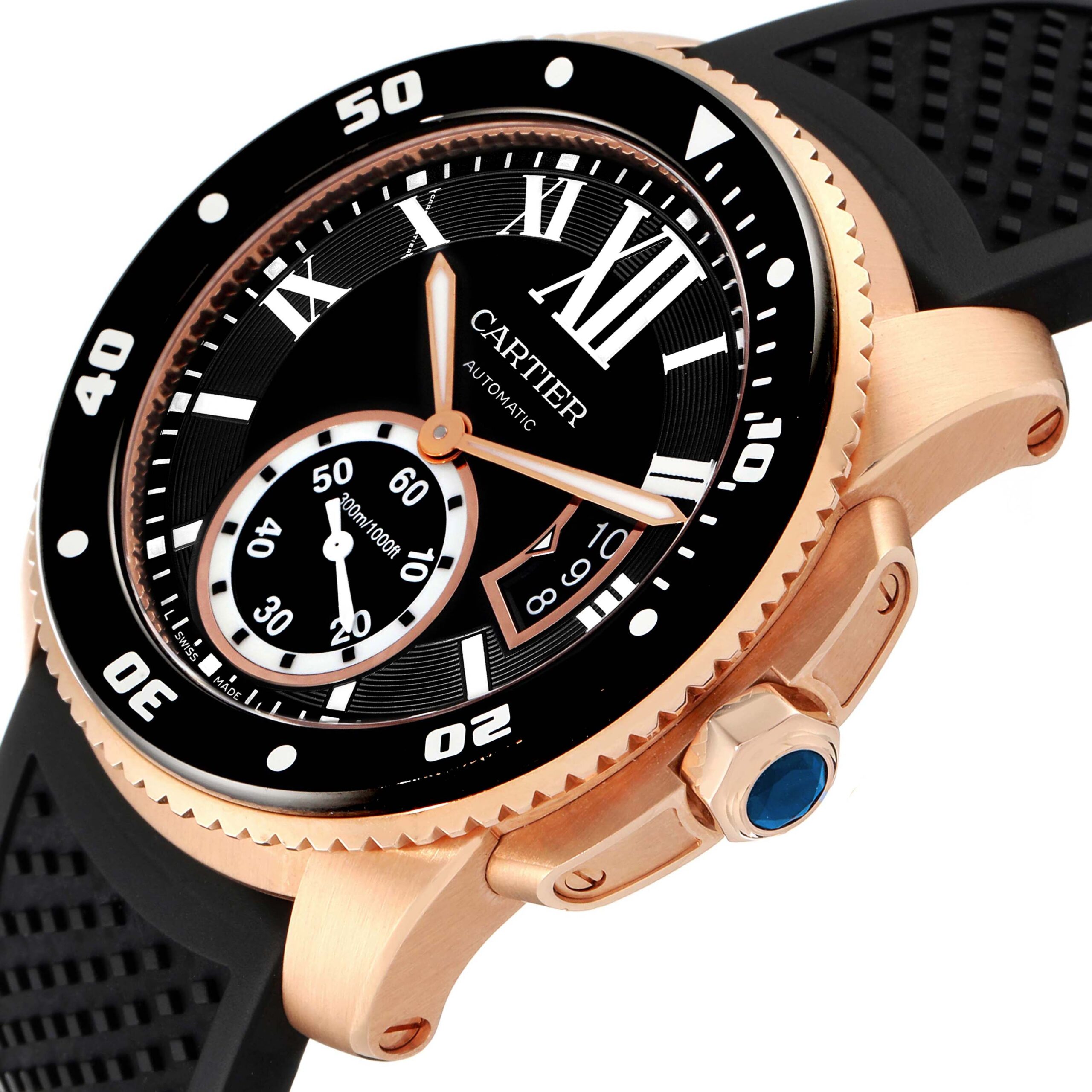 Cartier Calibre Rose Gold Black Dial Rubber Strap Mens Watch W7100052 Box Papers
