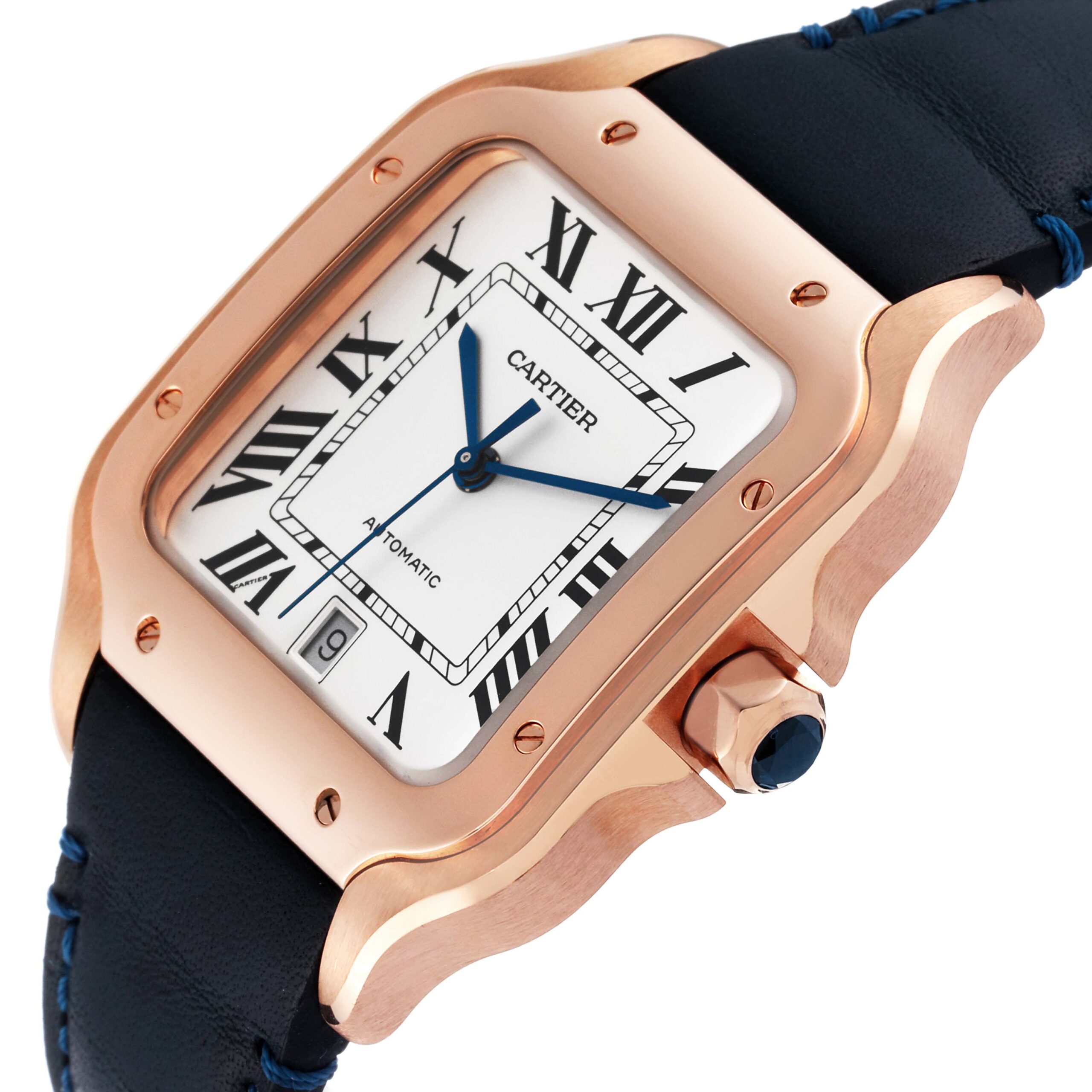 Cartier Santos Large Rose Gold Blue Strap Mens Watch WGSA0019 Card
