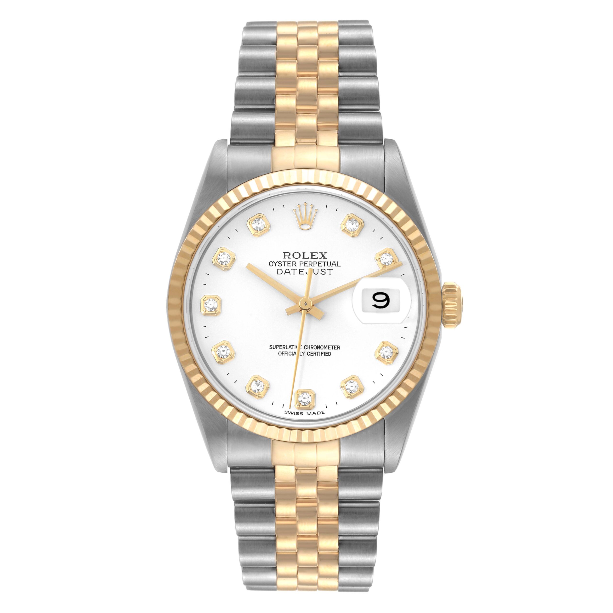 Rolex Datejust Steel Yellow Gold White Diamond Dial Mens Watch 16233