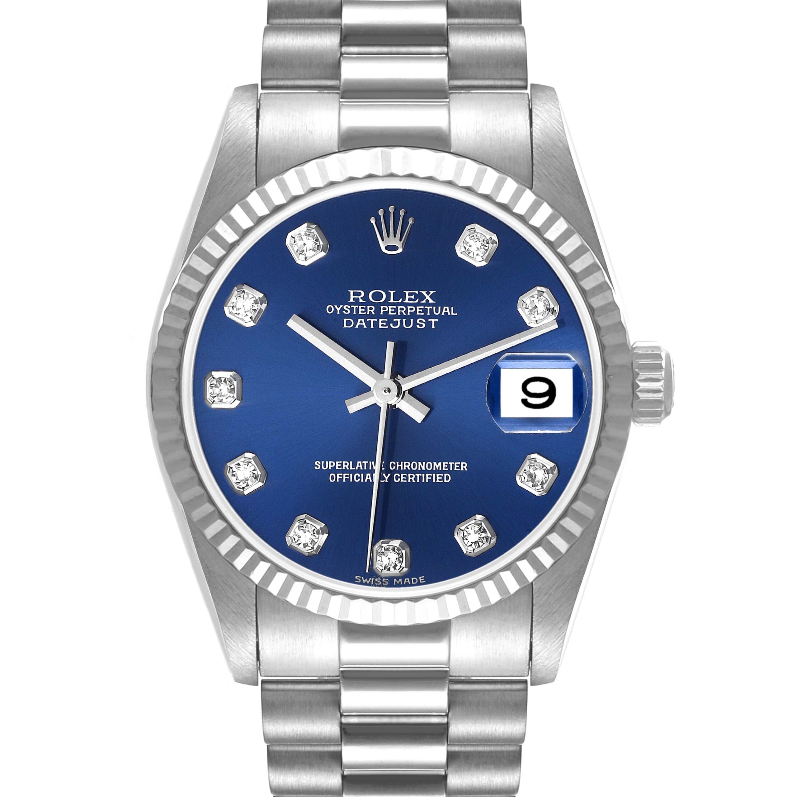 Rolex President Midsize White Gold Blue Diamond Dial Ladies Watch 78279