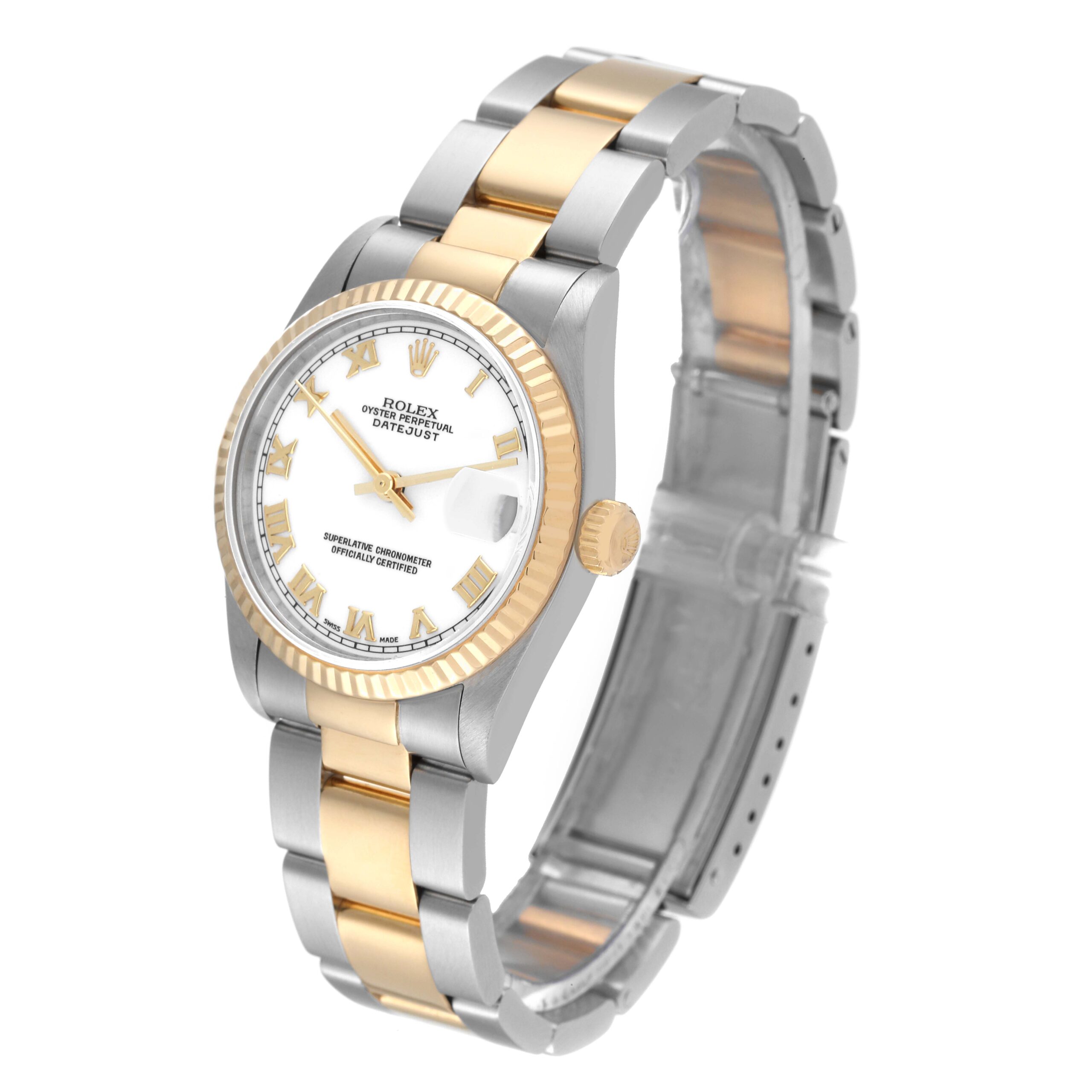 Rolex Datejust Midsize Steel Yellow Gold White Roman Dial Ladies Watch 68273