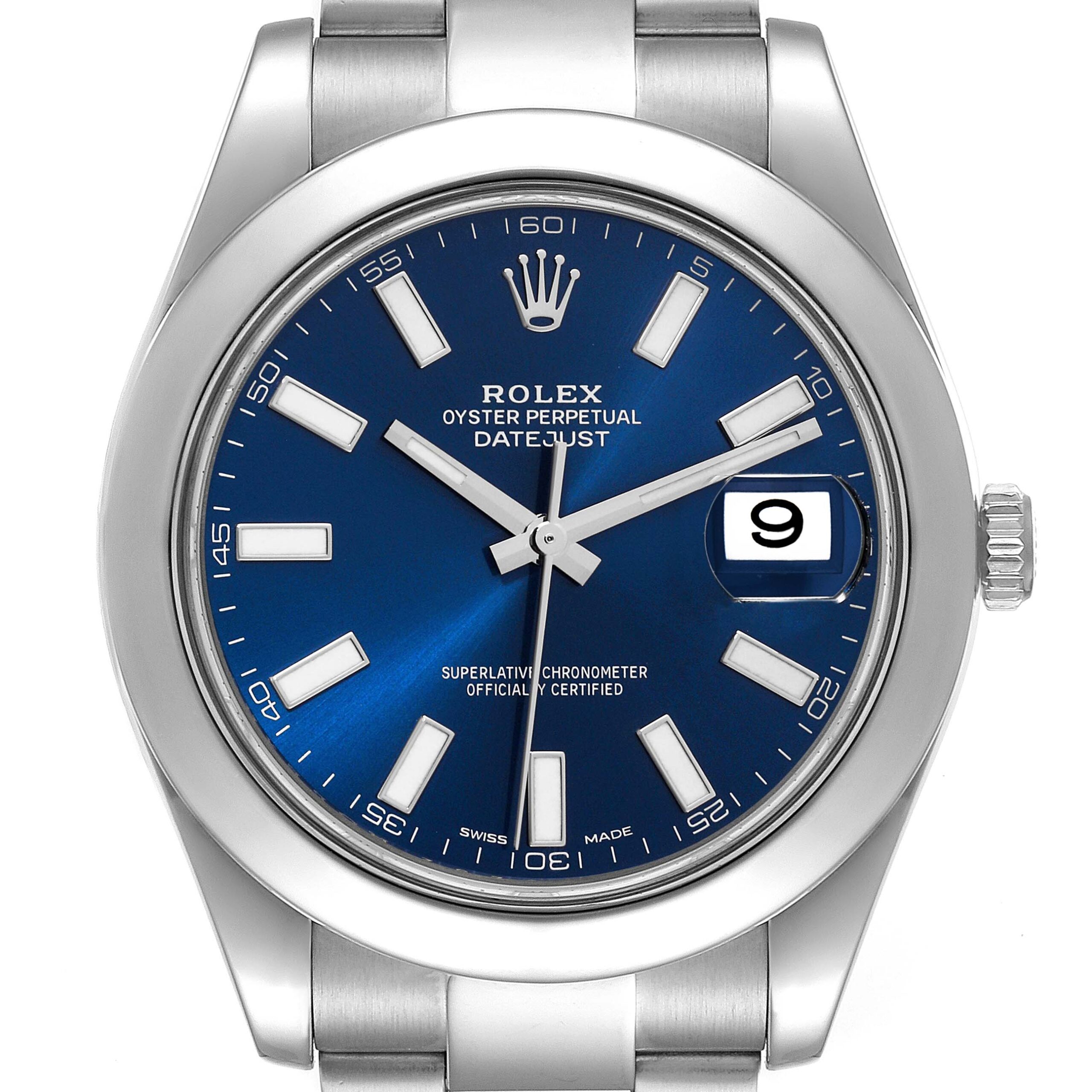 Rolex Datejust II Blue Baton Dial Steel Mens Watch 116300 Box Card