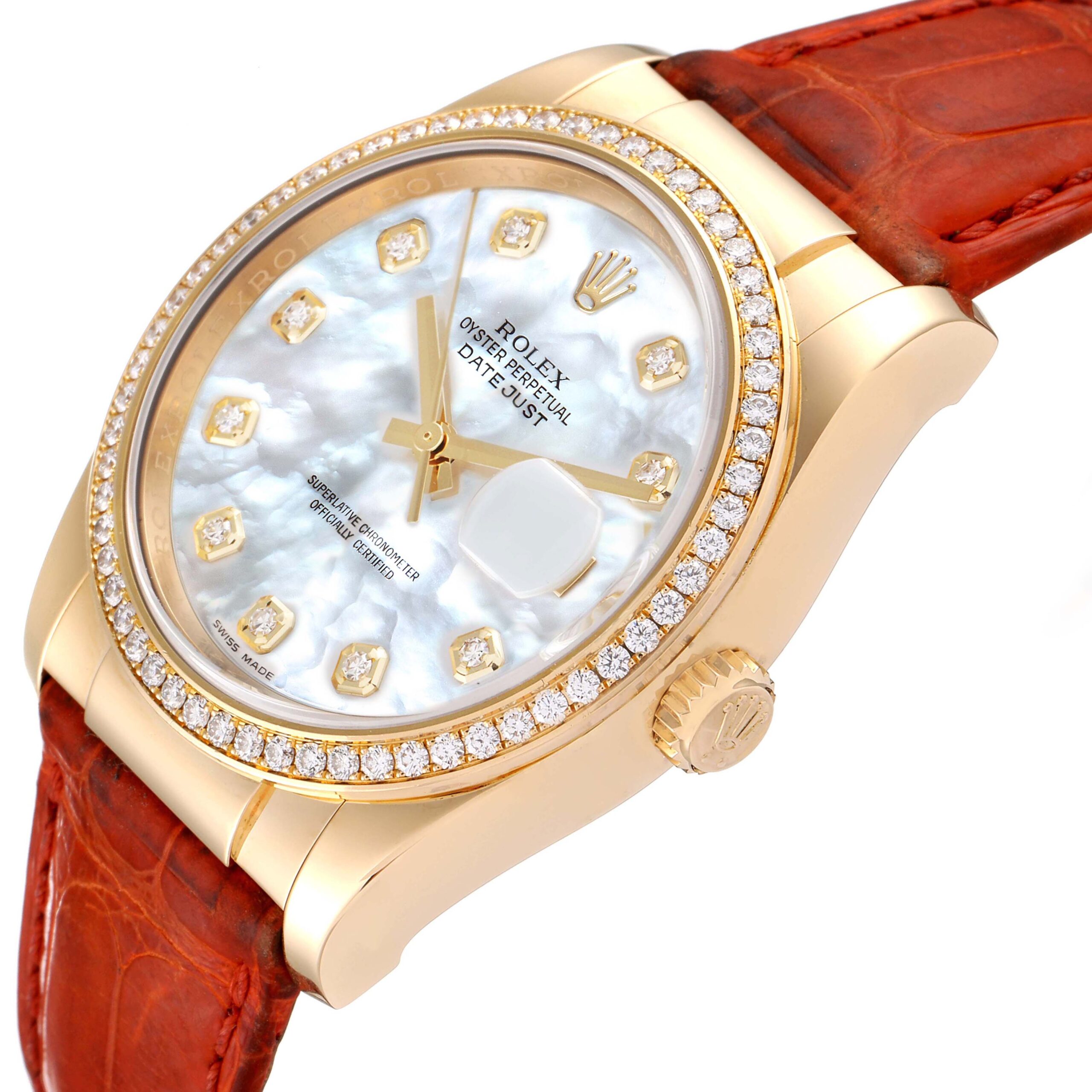 Rolex Datejust Yellow Gold Mother of Pearl Diamond Mens Watch 116188 Box Card