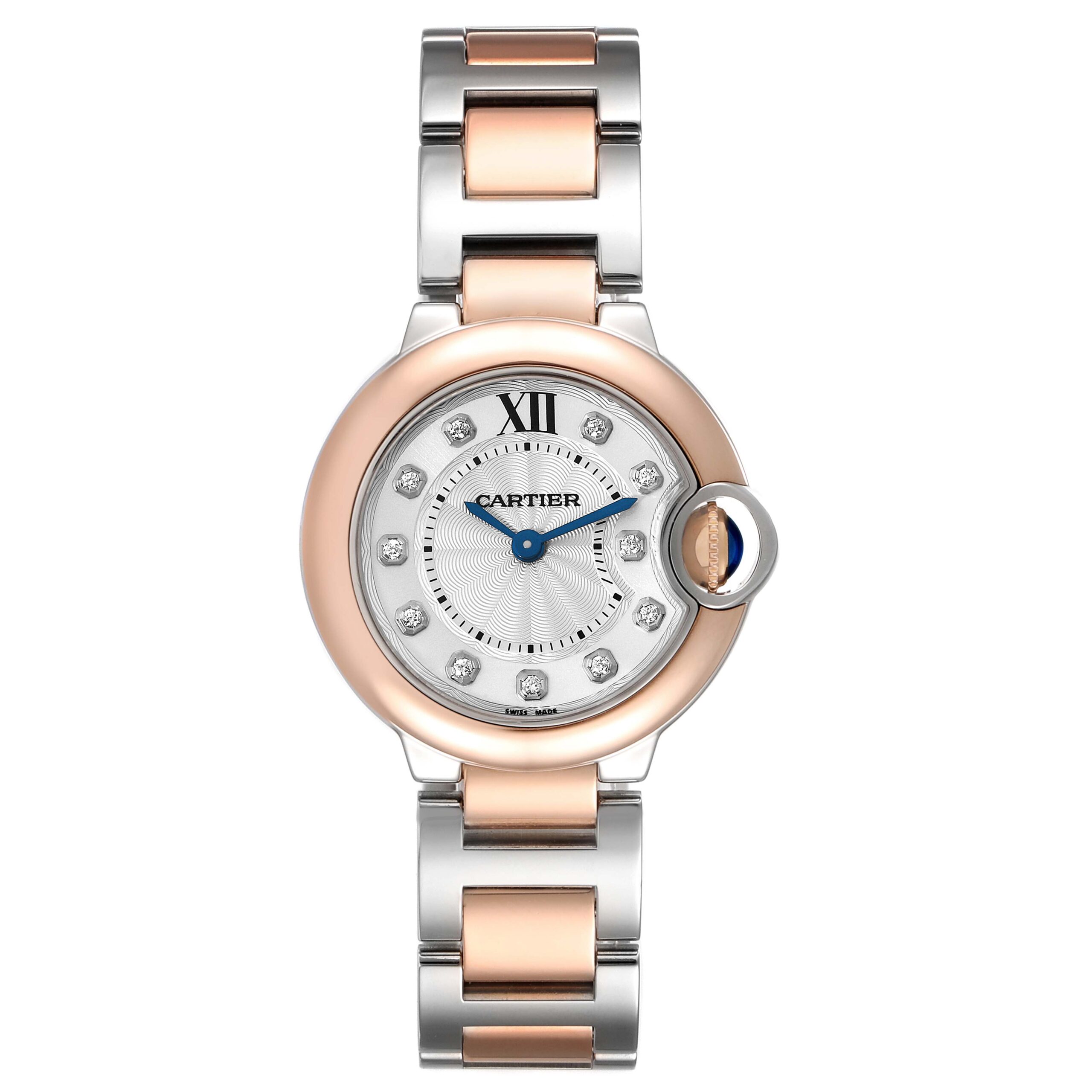 Cartier Ballon Bleu 28 Steel Rose Gold Diamond Watch W3BB0005 Box Papers
