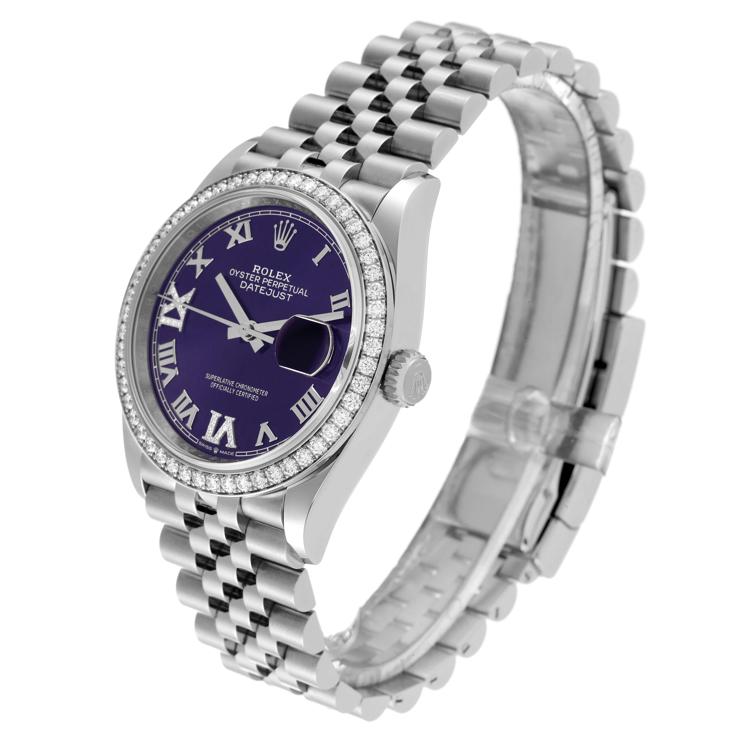 Rolex Datejust Steel Purple Diamond Dial Bezel Mens Watch 126284 Unworn