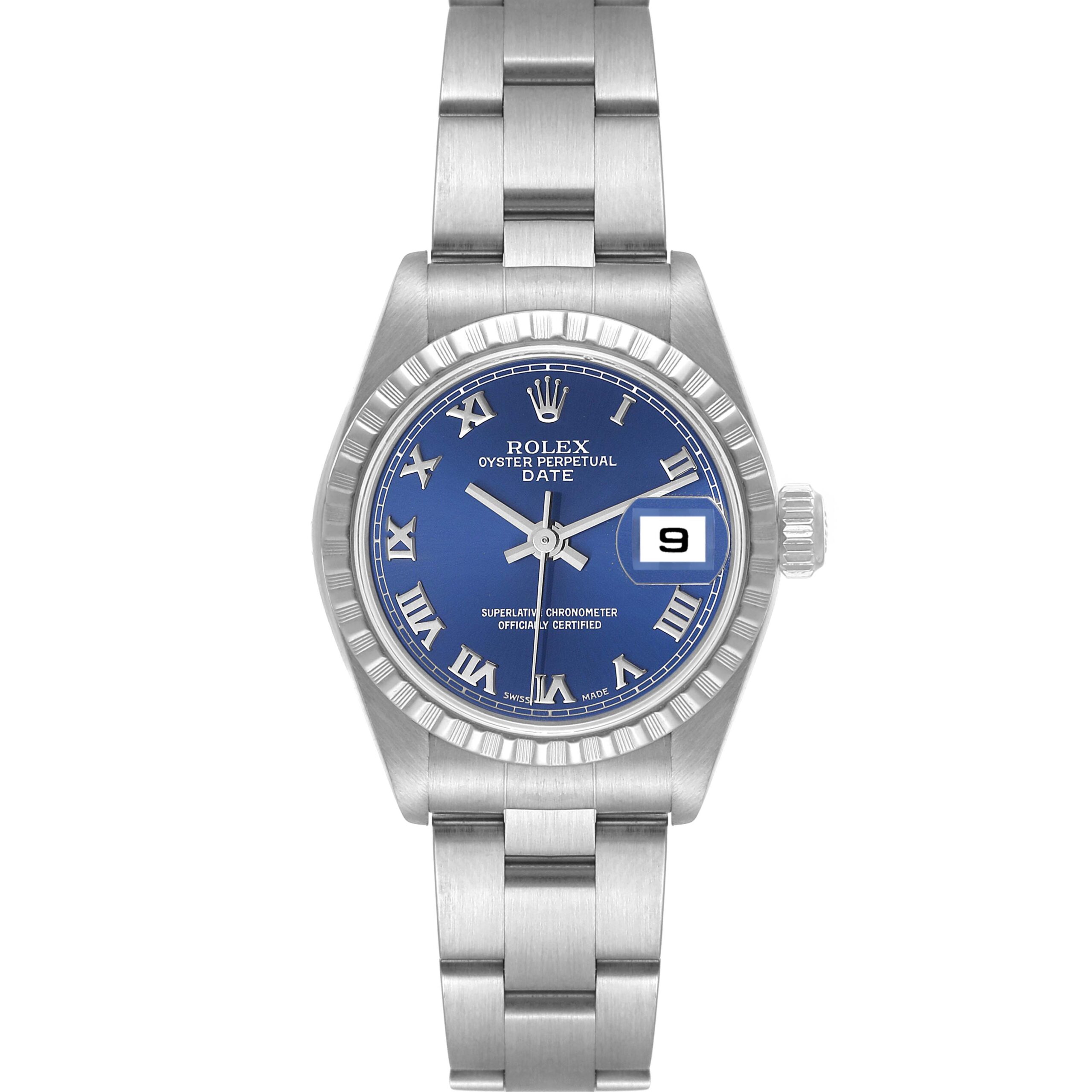 Rolex Date Blue Dial Engine Turned Bezel Steel Ladies Watch 79240