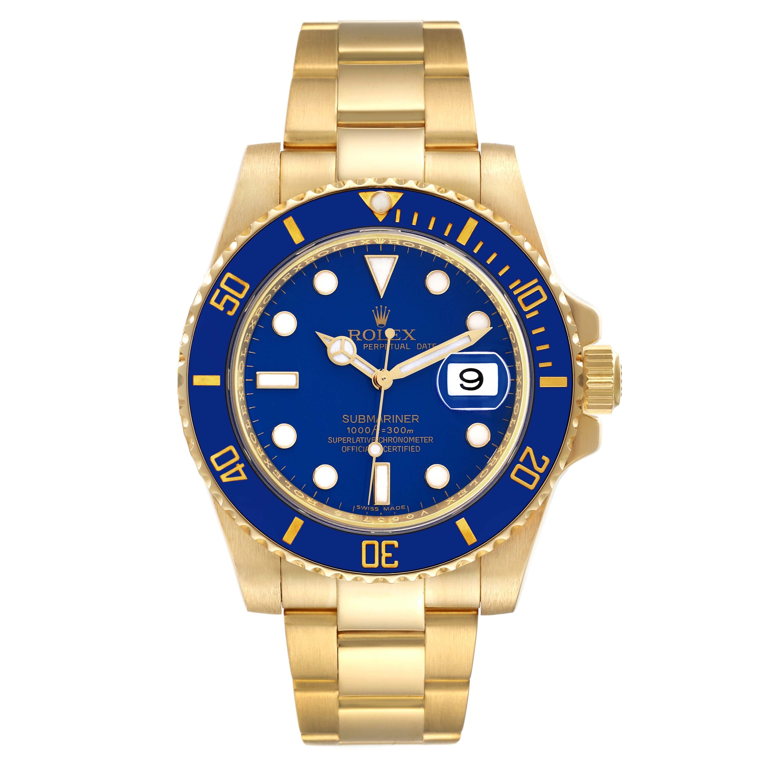 Rolex Submariner Yellow Gold Blue Dial Ceramic Bezel Mens Watch 116618