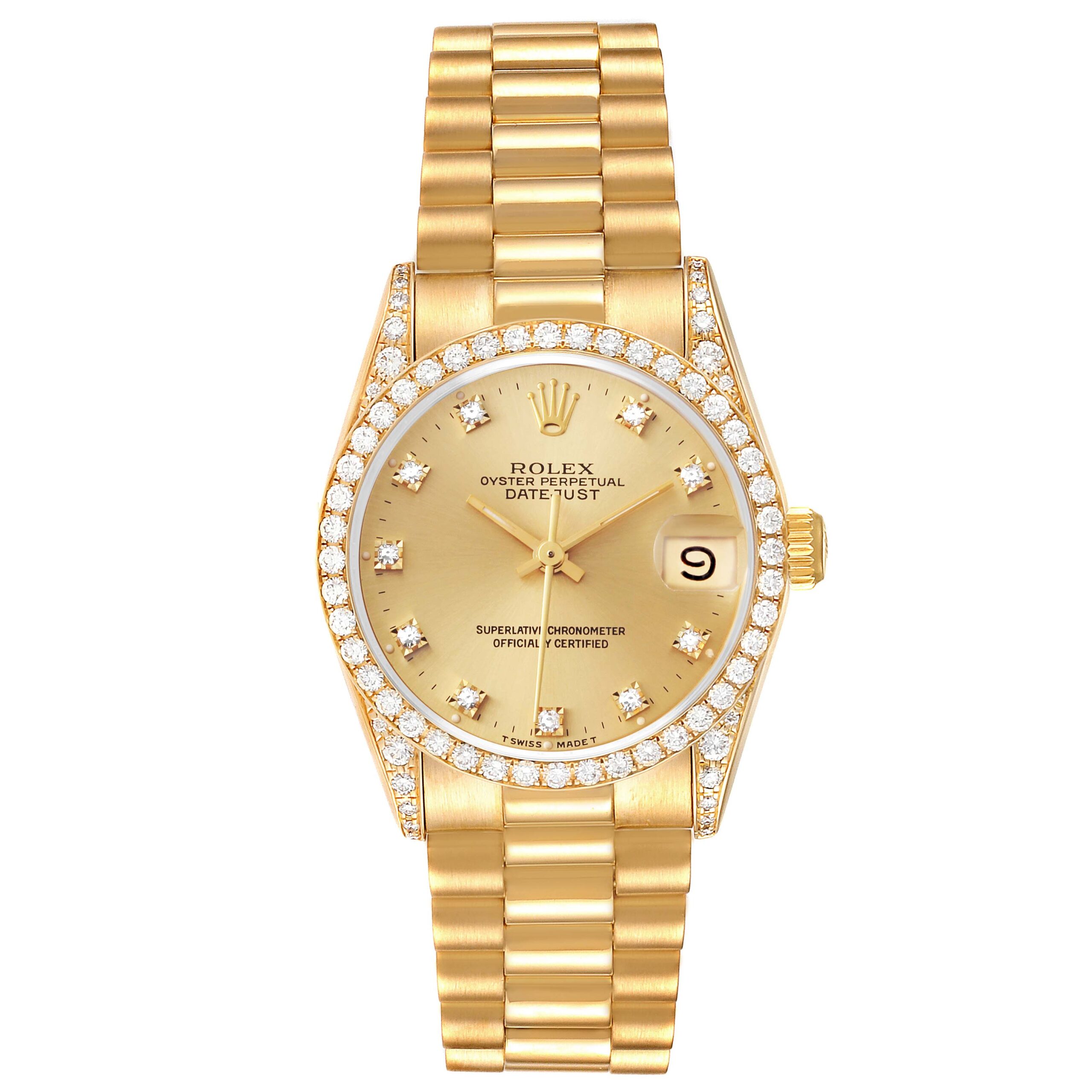 Rolex Datejust President Midsize Yellow Gold Diamond Bezel Ladies Watch 68158
