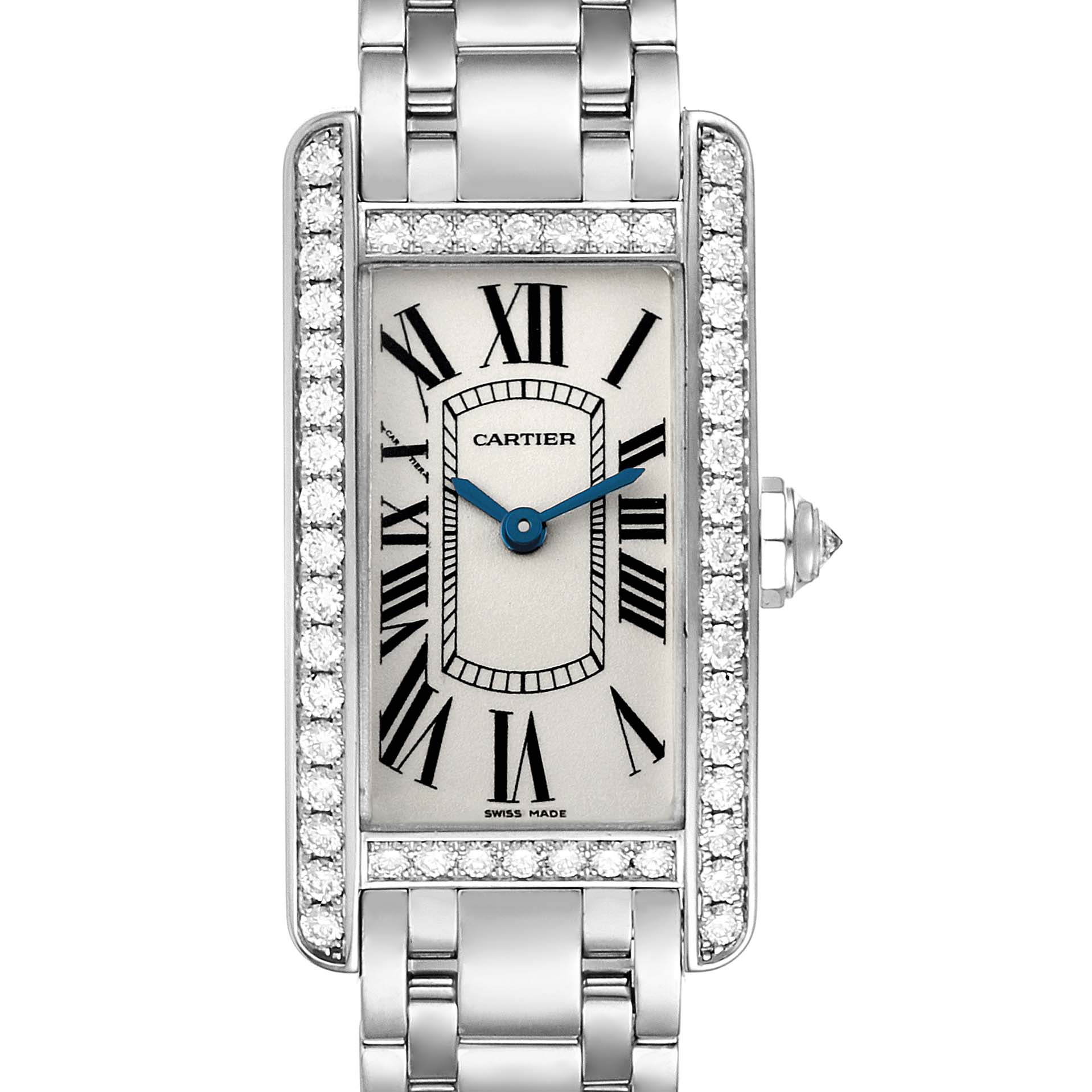 Cartier Tank Americaine White Gold Diamond Ladies Watch WB7073L1 Box Card