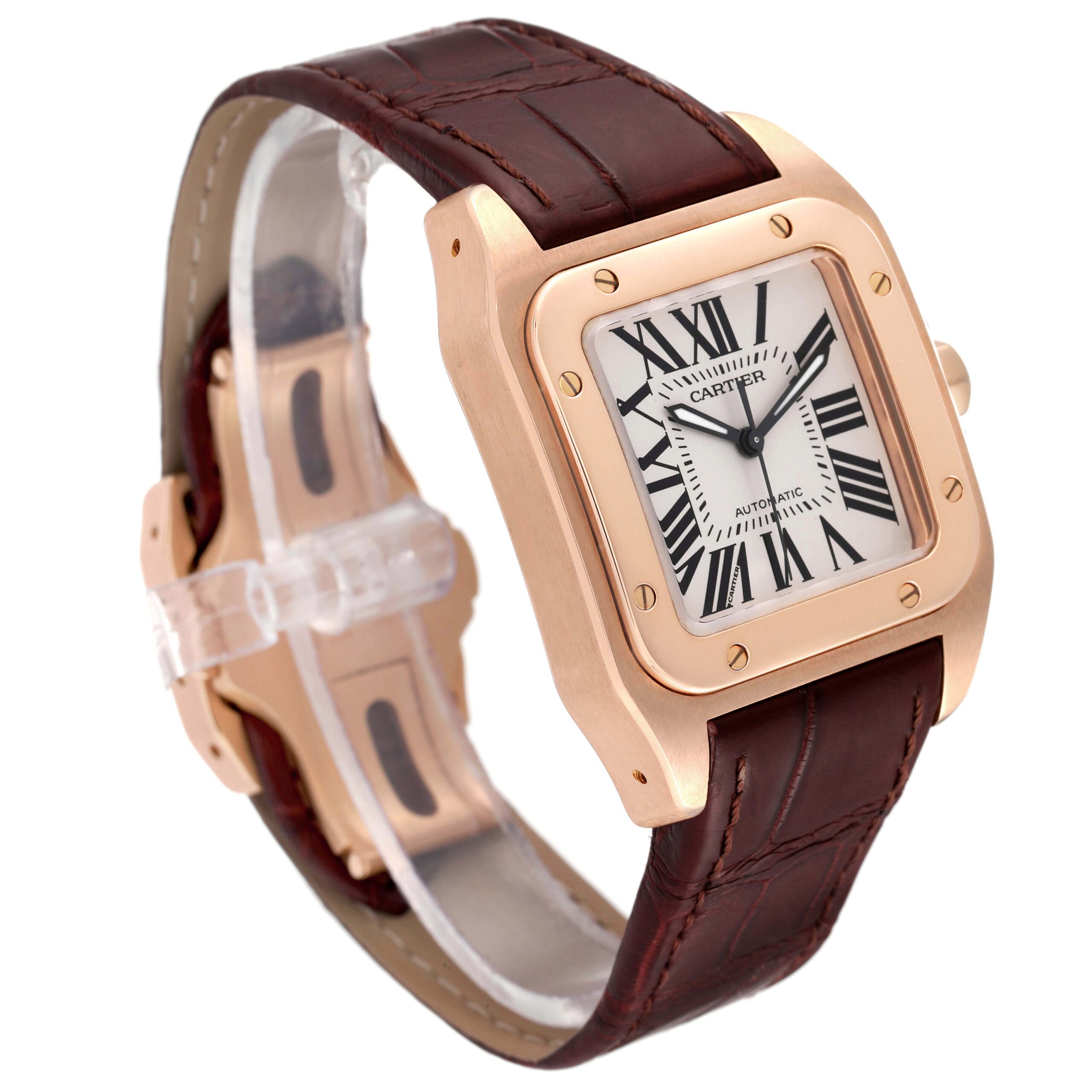 Cartier Santos 100 Midsize Rose Gold Silver Dial Mens Watch W20108Y1