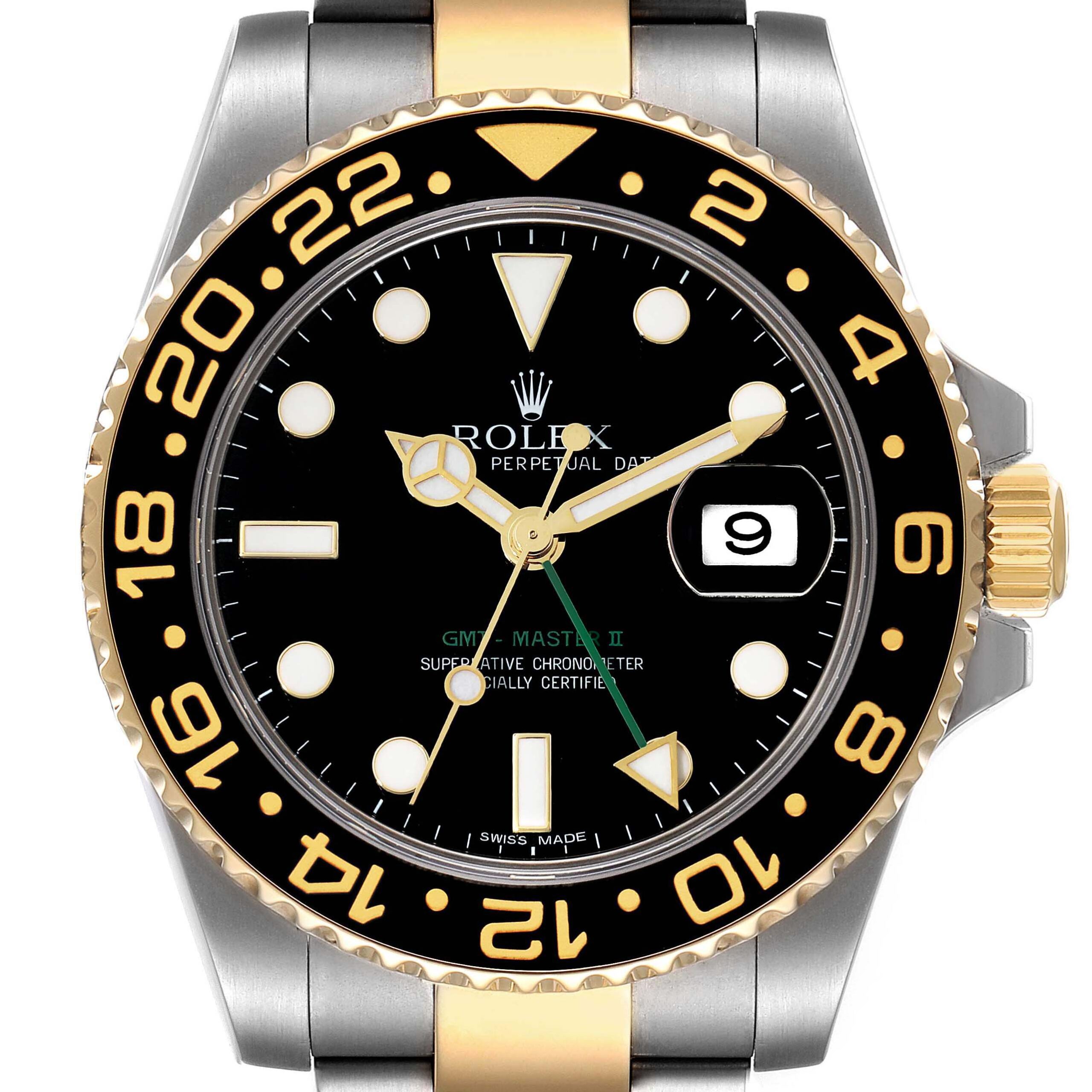 Rolex GMT Master II Yellow Gold Steel Black Dial Mens Watch 116713 Box Card