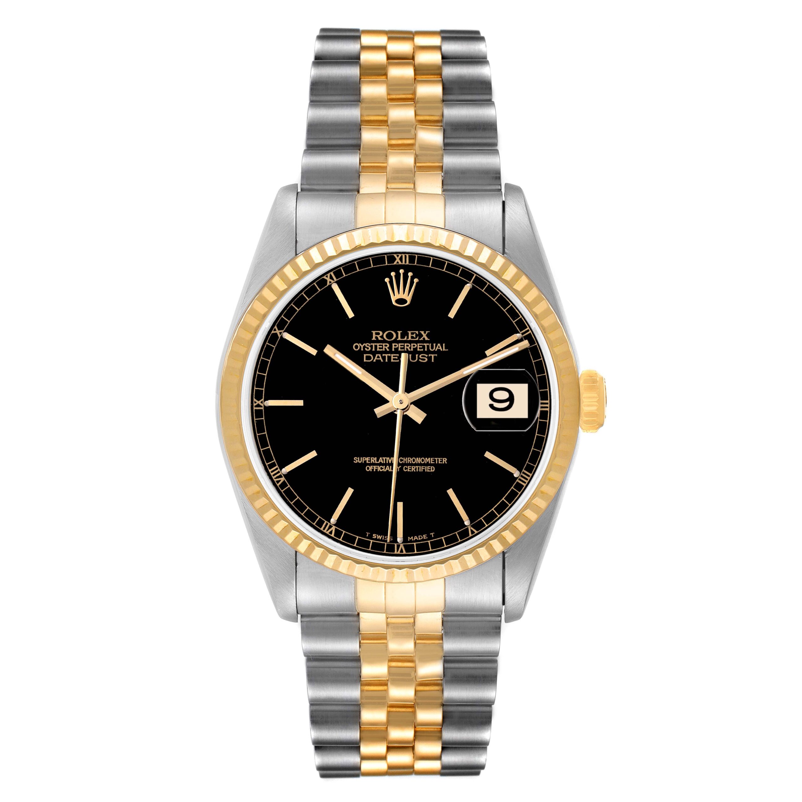 Rolex Datejust Steel Yellow Gold Black Dial Mens Watch 16233