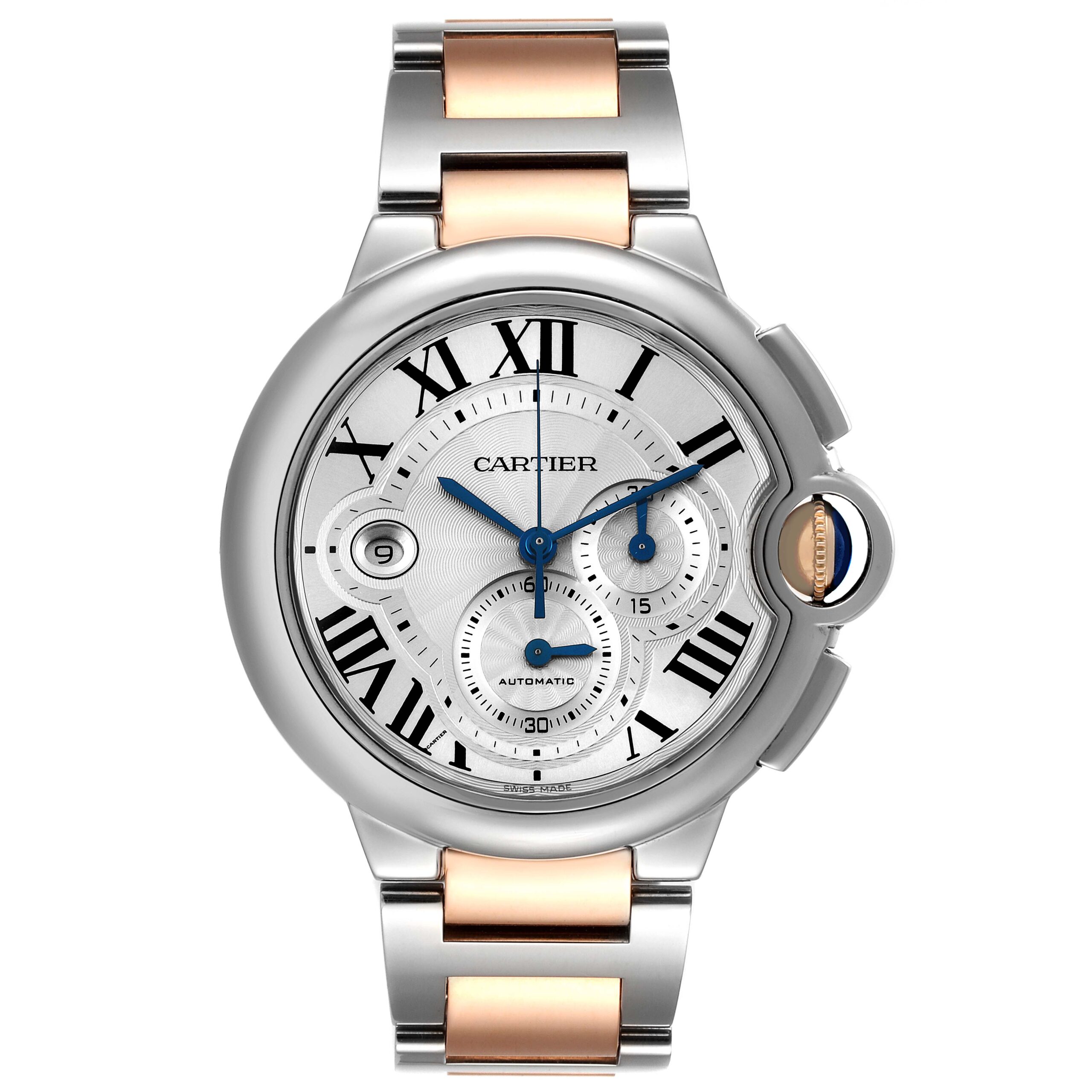 Cartier Ballon Bleu Chronograph Steel Rose Gold Silver Dial Mens Watch W6920063