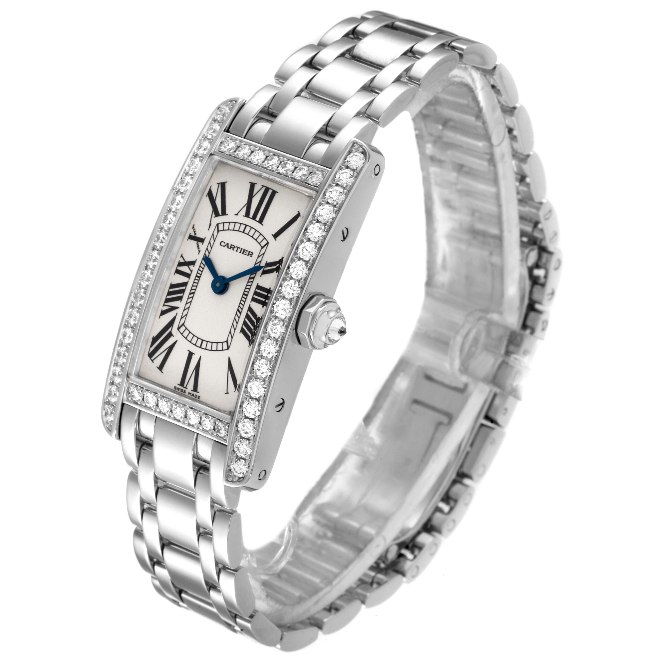 Cartier Tank Americaine White Gold Diamond Ladies Watch WB7073L1 Box Card
