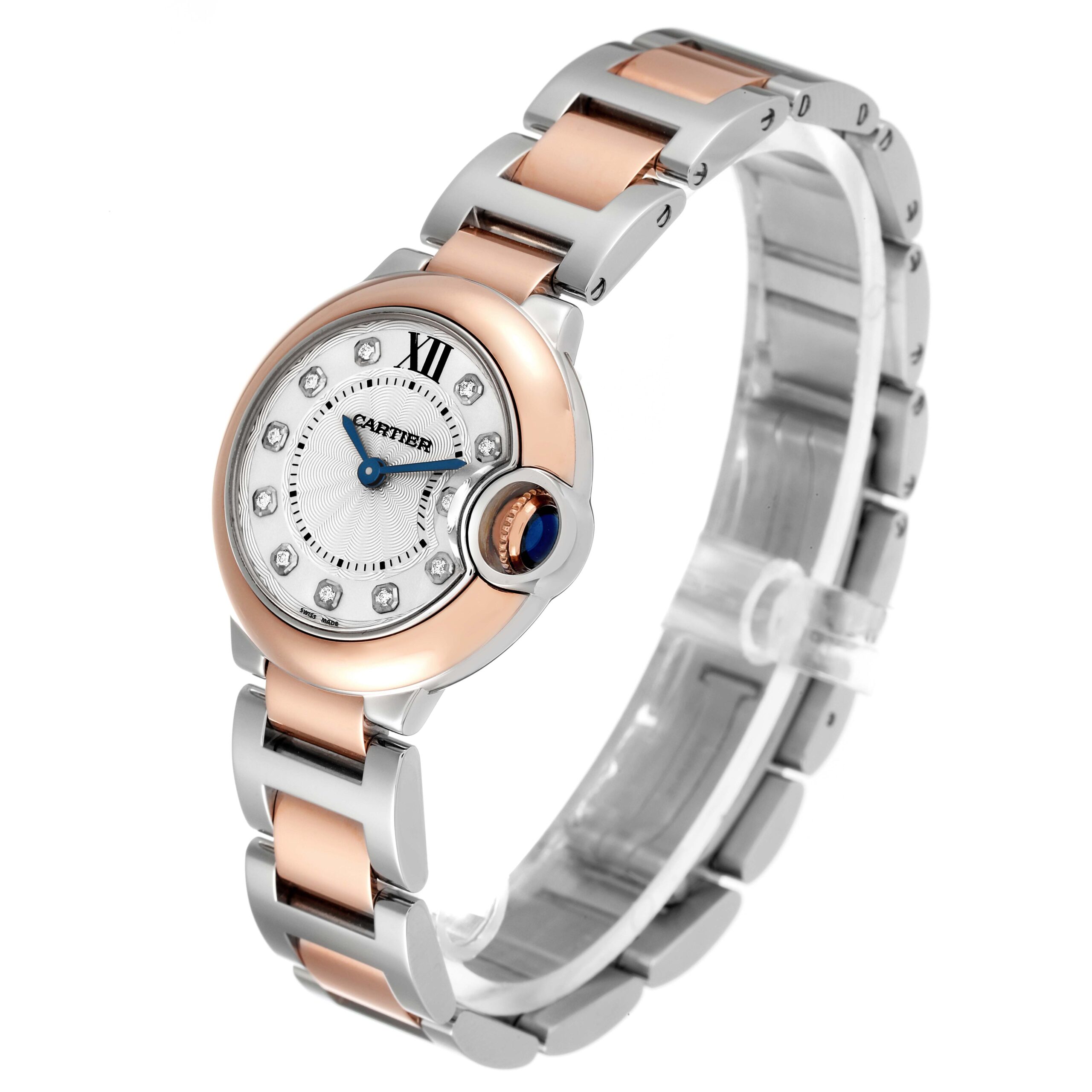 Cartier Ballon Bleu 28 Steel Rose Gold Diamond Watch W3BB0005 Box Papers