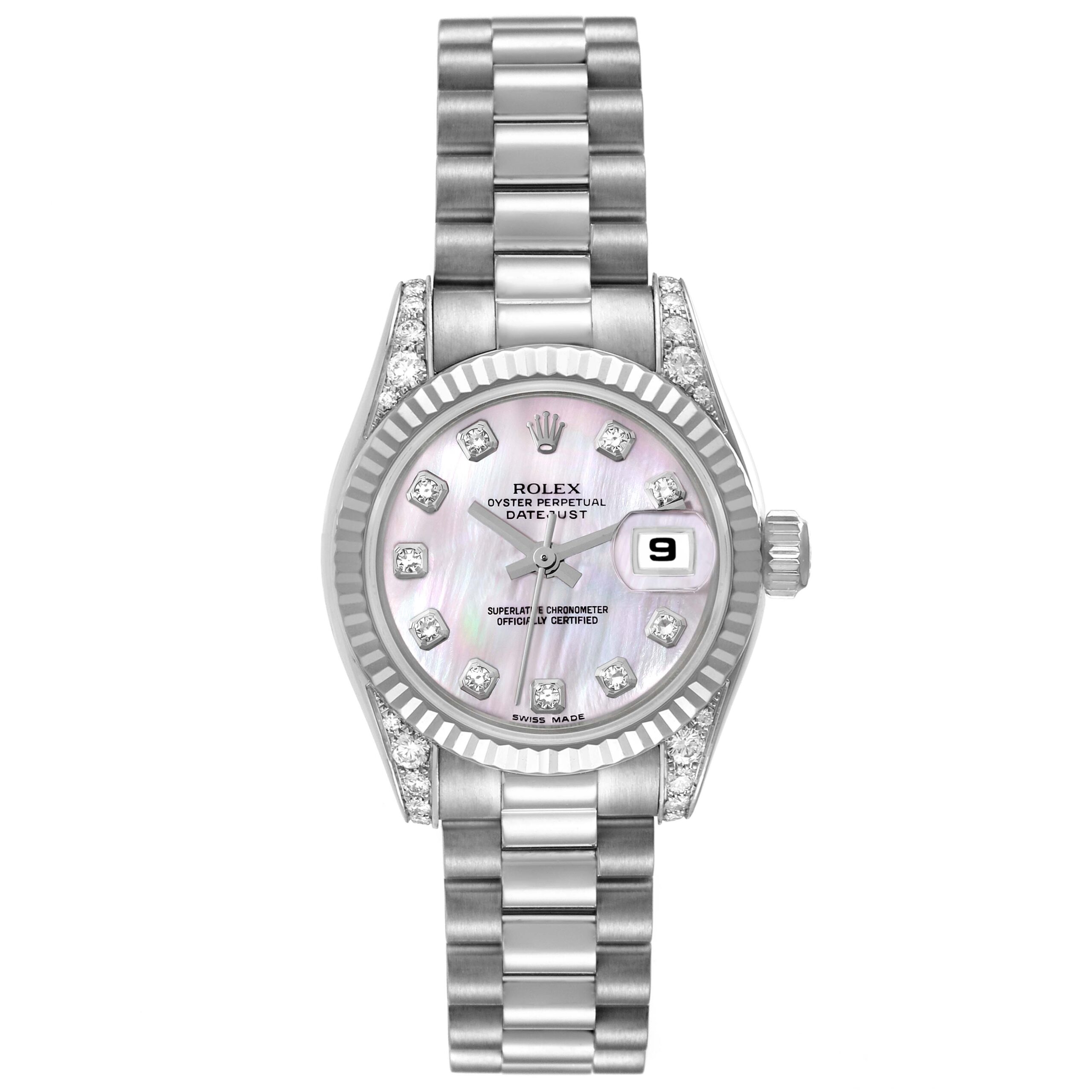 Rolex President Crown Collection White Gold Mother of Pearl Diamond Ladies Watch 179239 Box Papers