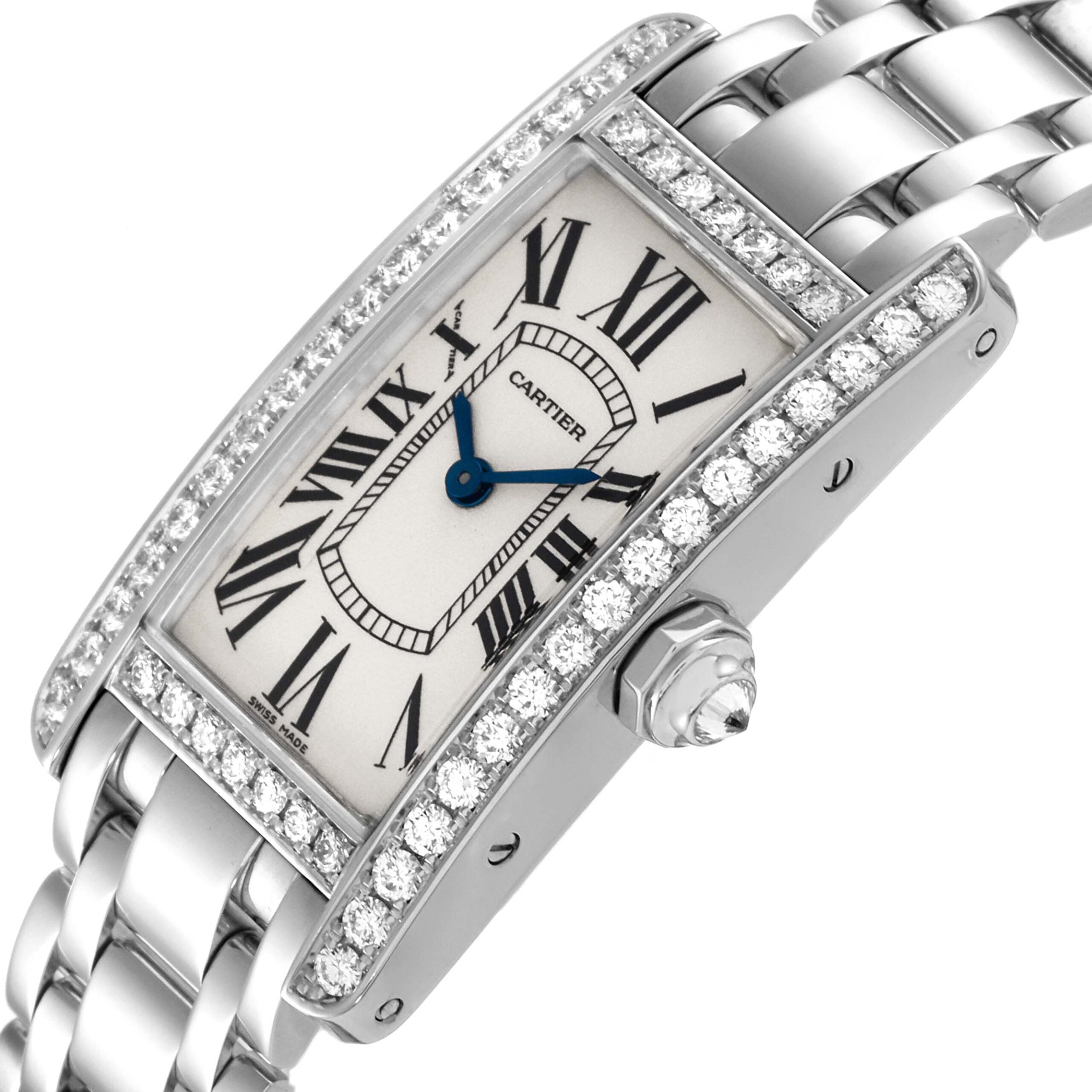 Cartier Tank Americaine White Gold Diamond Ladies Watch WB7073L1 Box Card