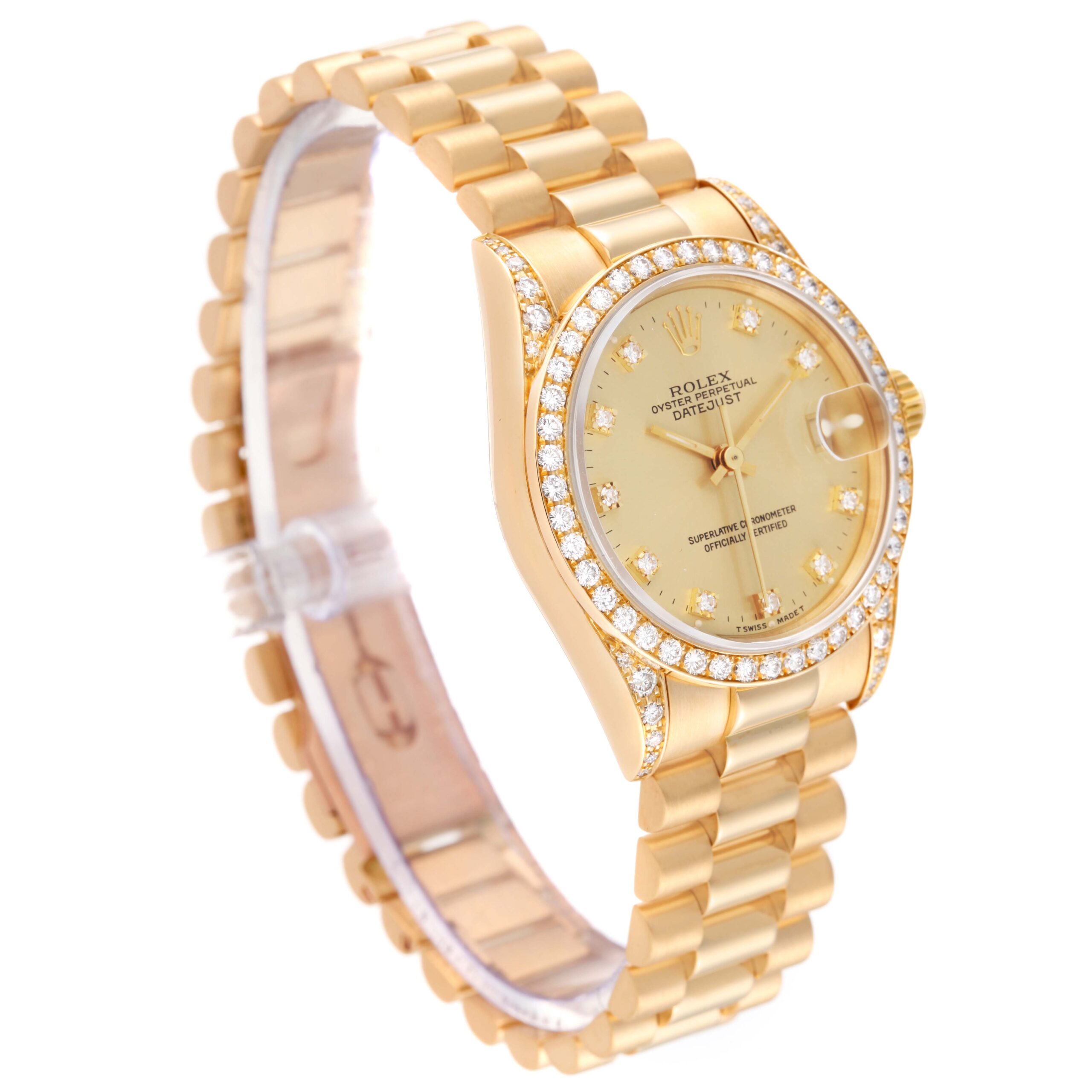 Rolex Datejust President Midsize Yellow Gold Diamond Bezel Ladies Watch 68158