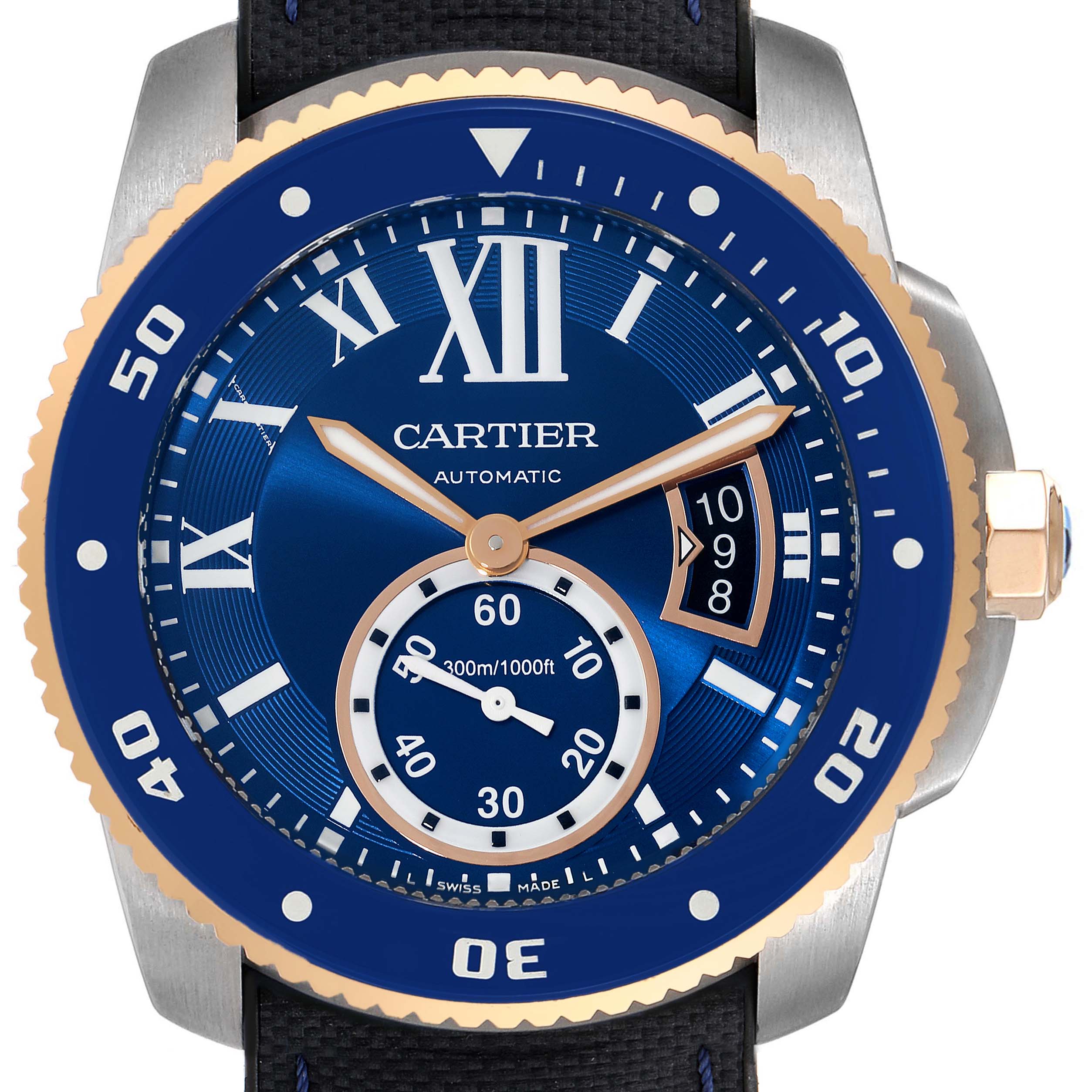 Cartier Calibre Diver Steel Rose Gold Blue Dial Watch W2CA0008 Box Papers