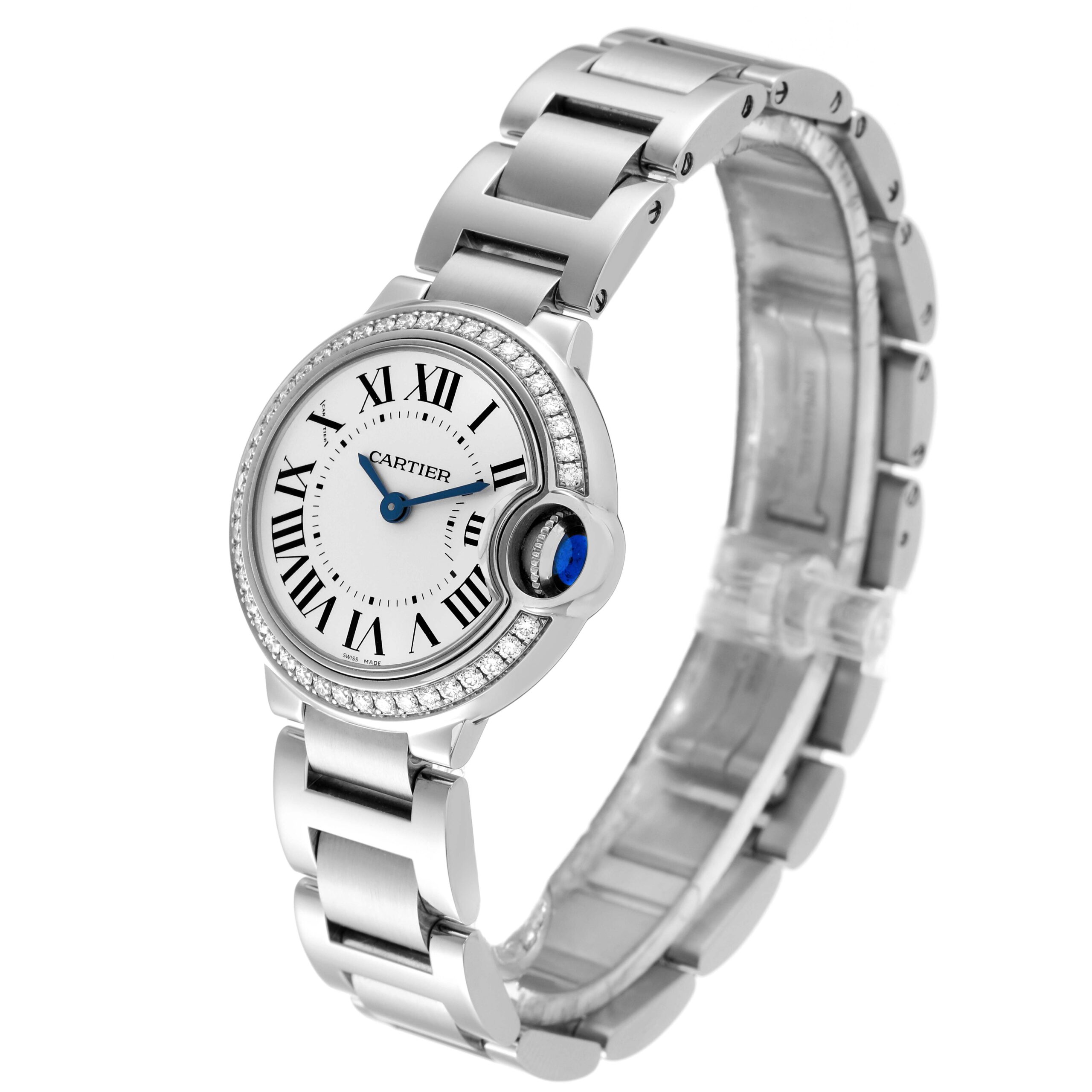 Cartier Ballon Bleu Steel Silver Dial Diamond Ladies Watch W4BB0015 Box Papers