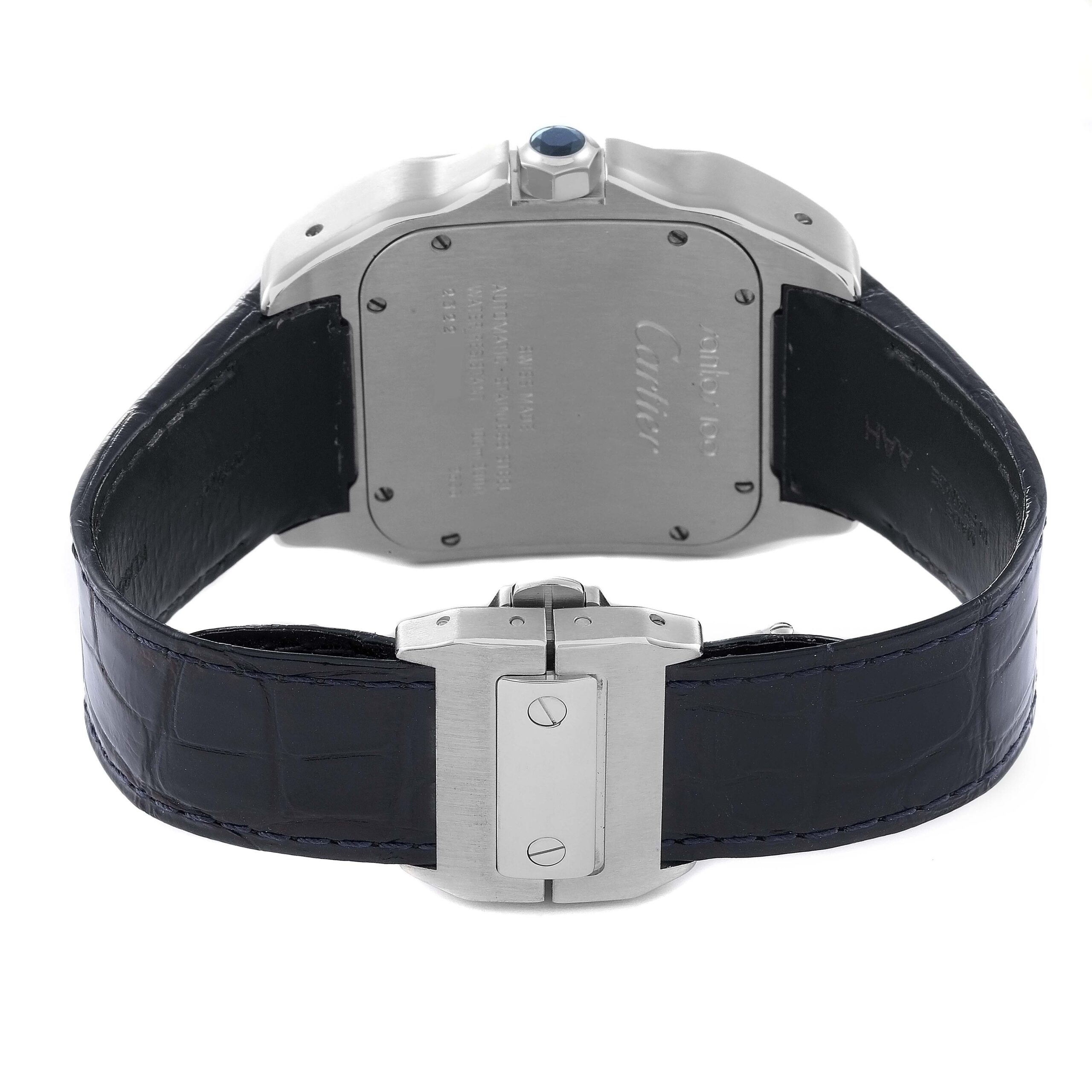 Cartier Santos 100 Silver Dial Black Strap Steel Mens Watch W20073X8