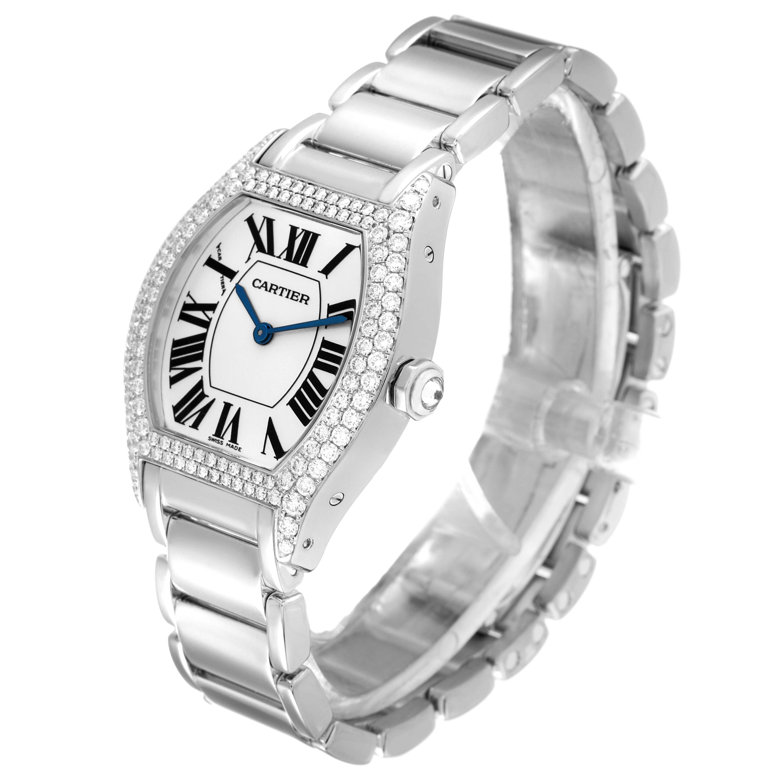 Cartier Tortue Silver Dial 18k White Gold Diamond Ladies Watch WA5072W9
