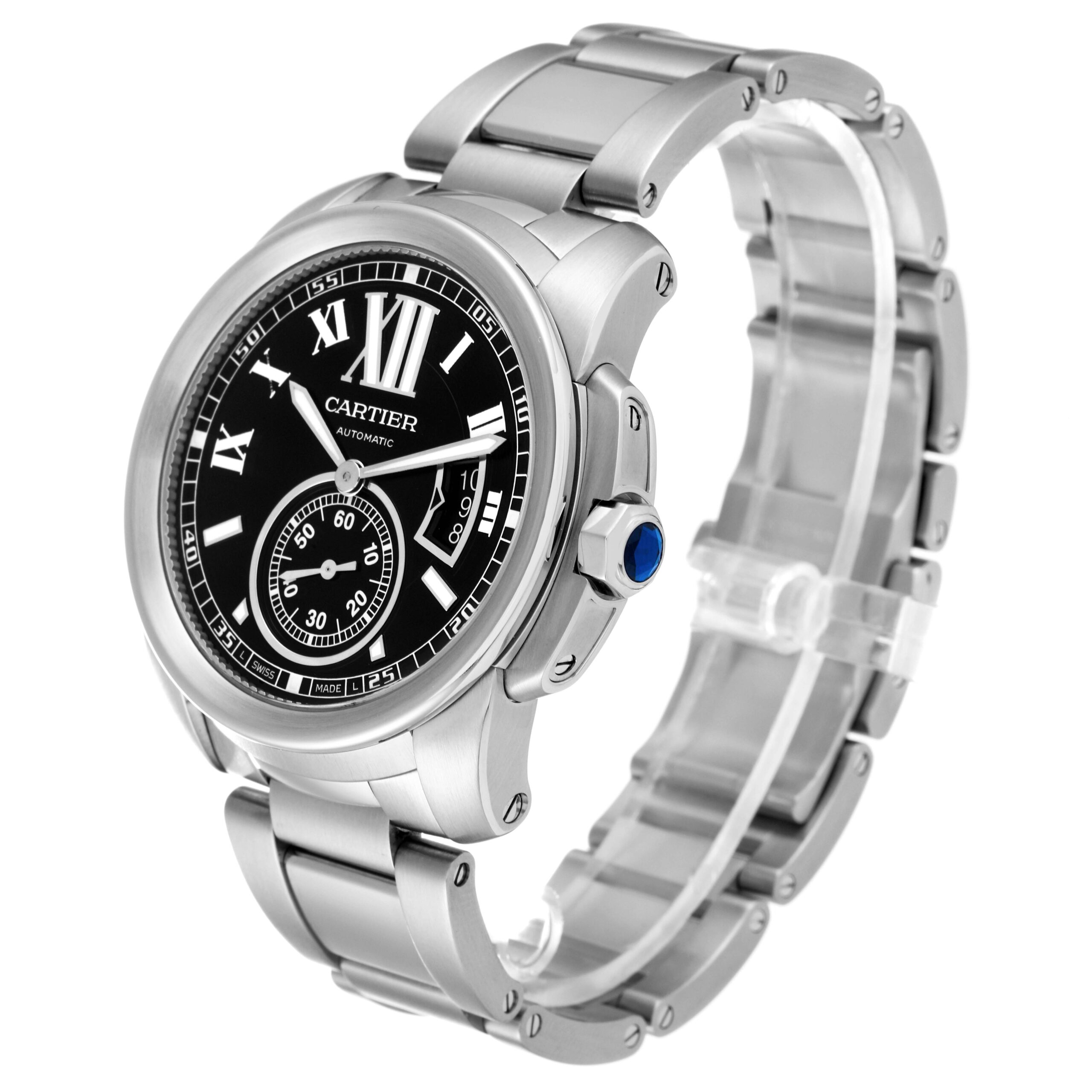 Calibre De Cartier Stainless Steel Black Dial Mens Watch W7100016 Box Papers