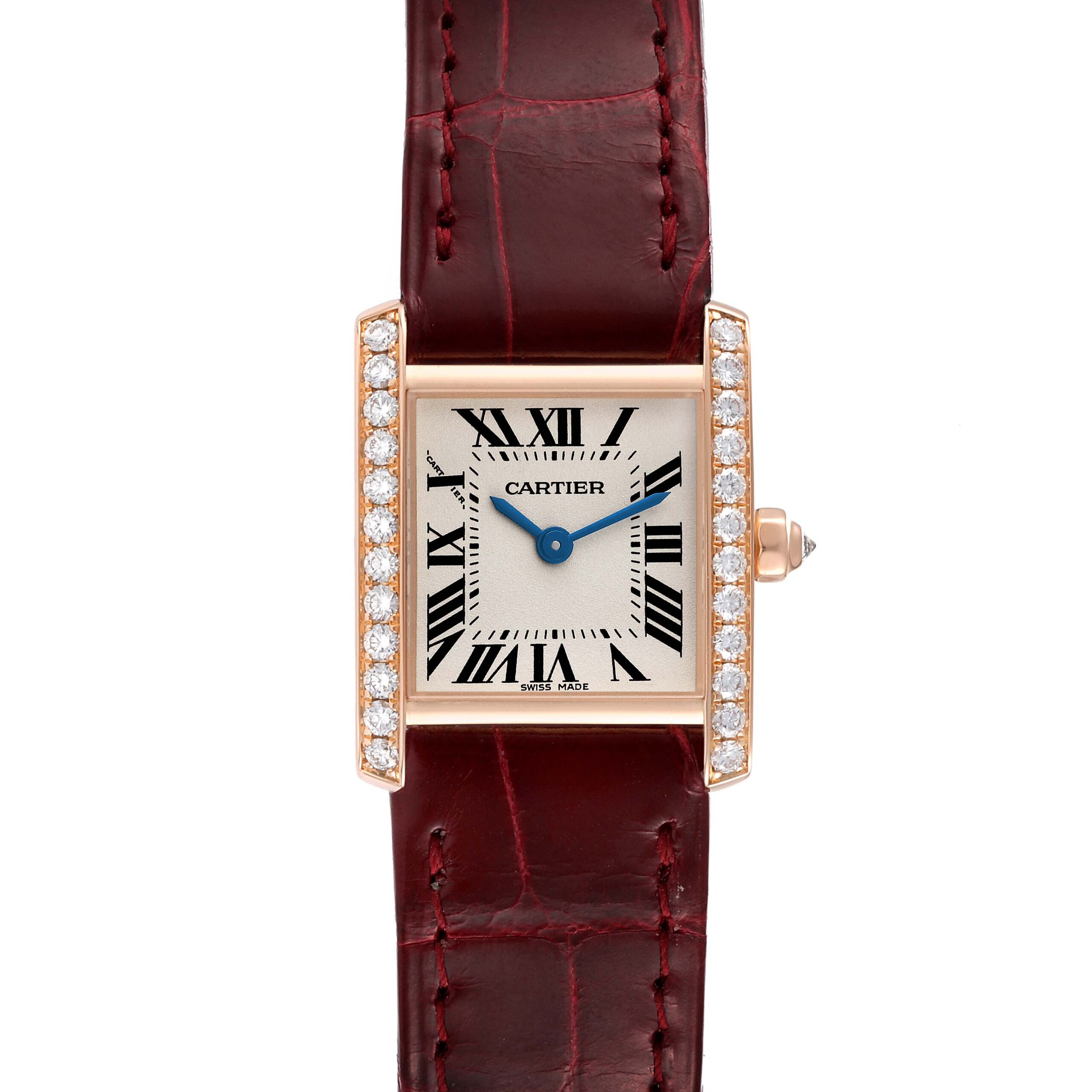 Cartier Tank Francaise Rose Gold Diamond Burgundy Strap Ladies Watch WE104531