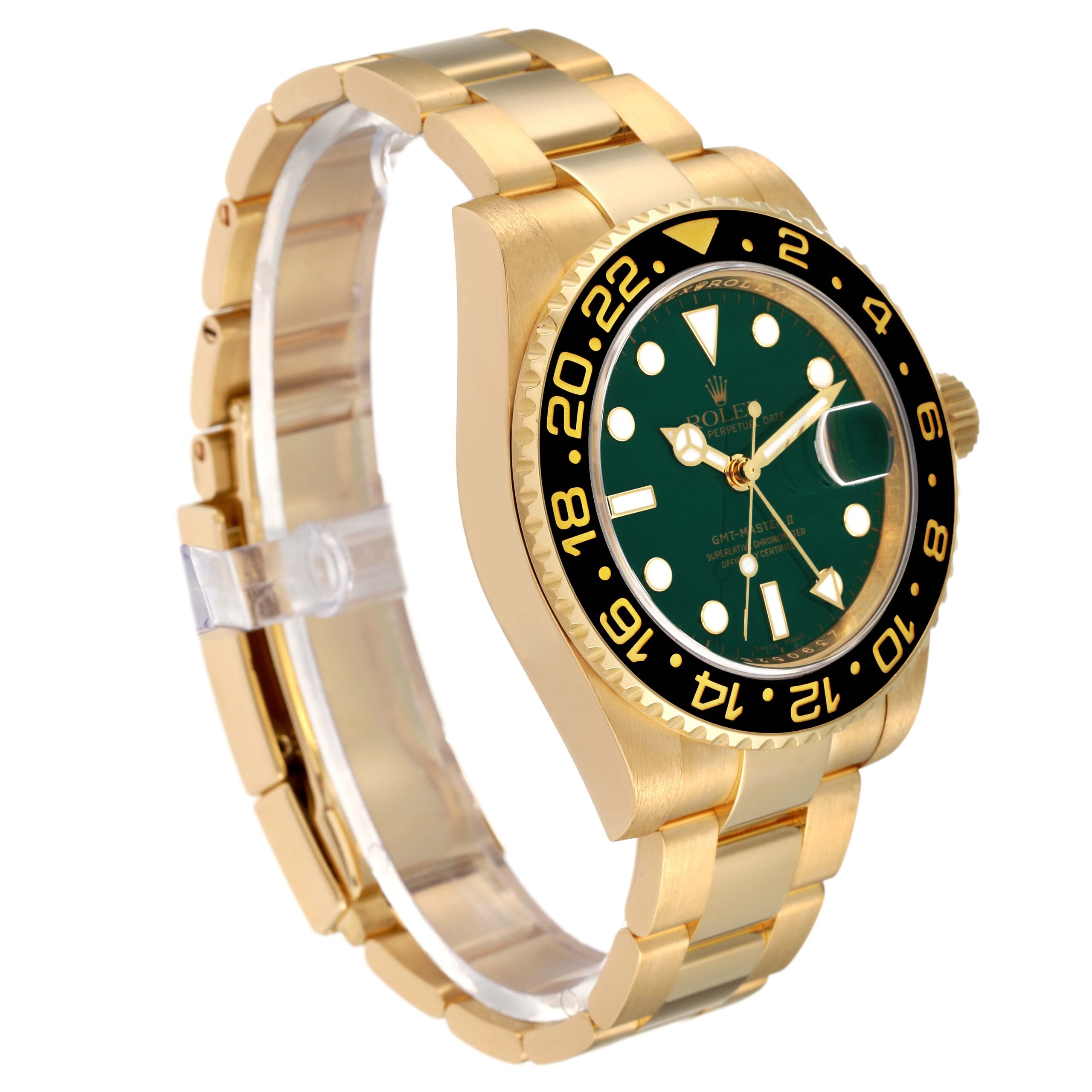 Rolex GMT Master II 18K Yellow Gold Green Dial Mens Watch 116718