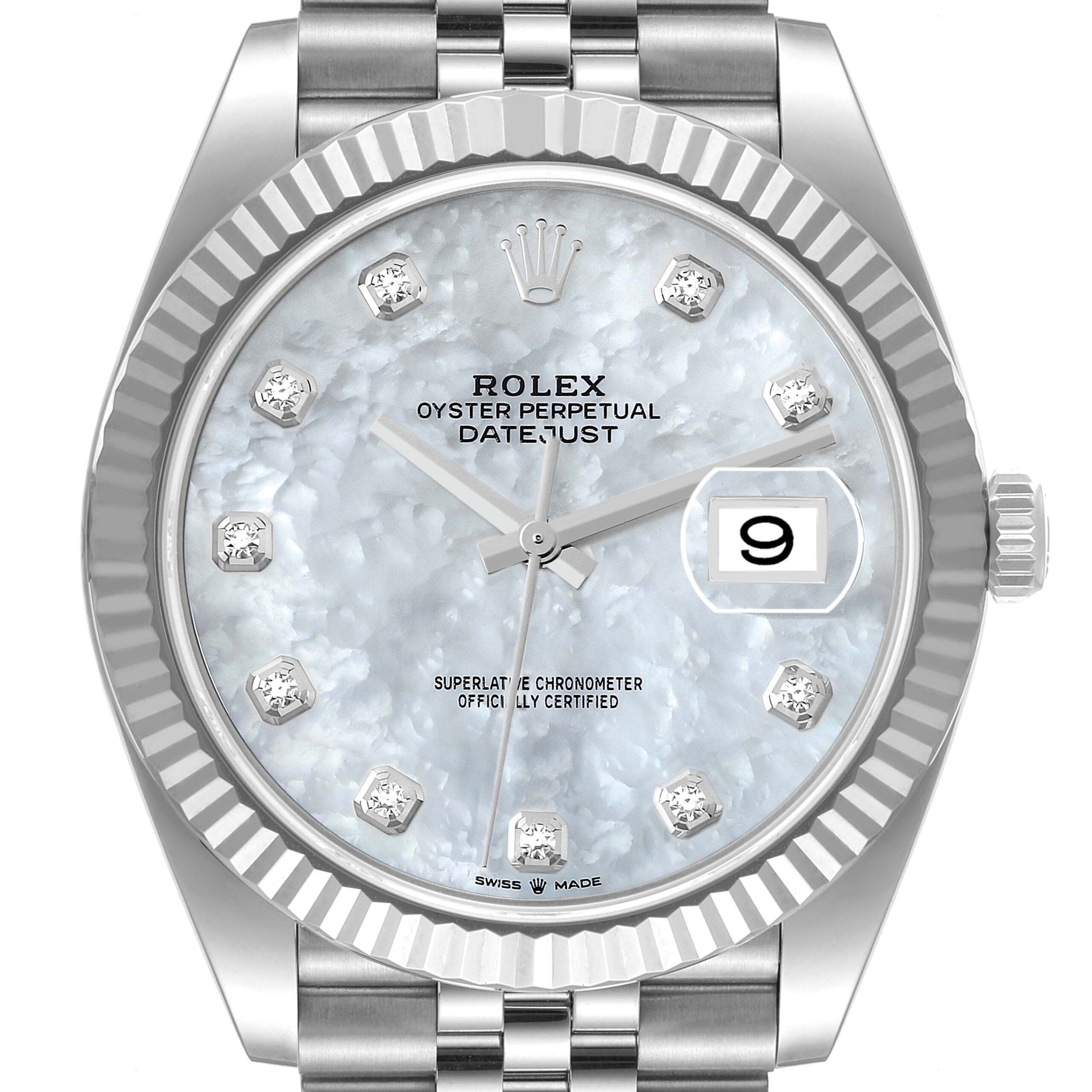 Rolex Datejust 41 Steel White Gold Mother Of Pearl Diamond Dial Mens Watch 126334 Box Card