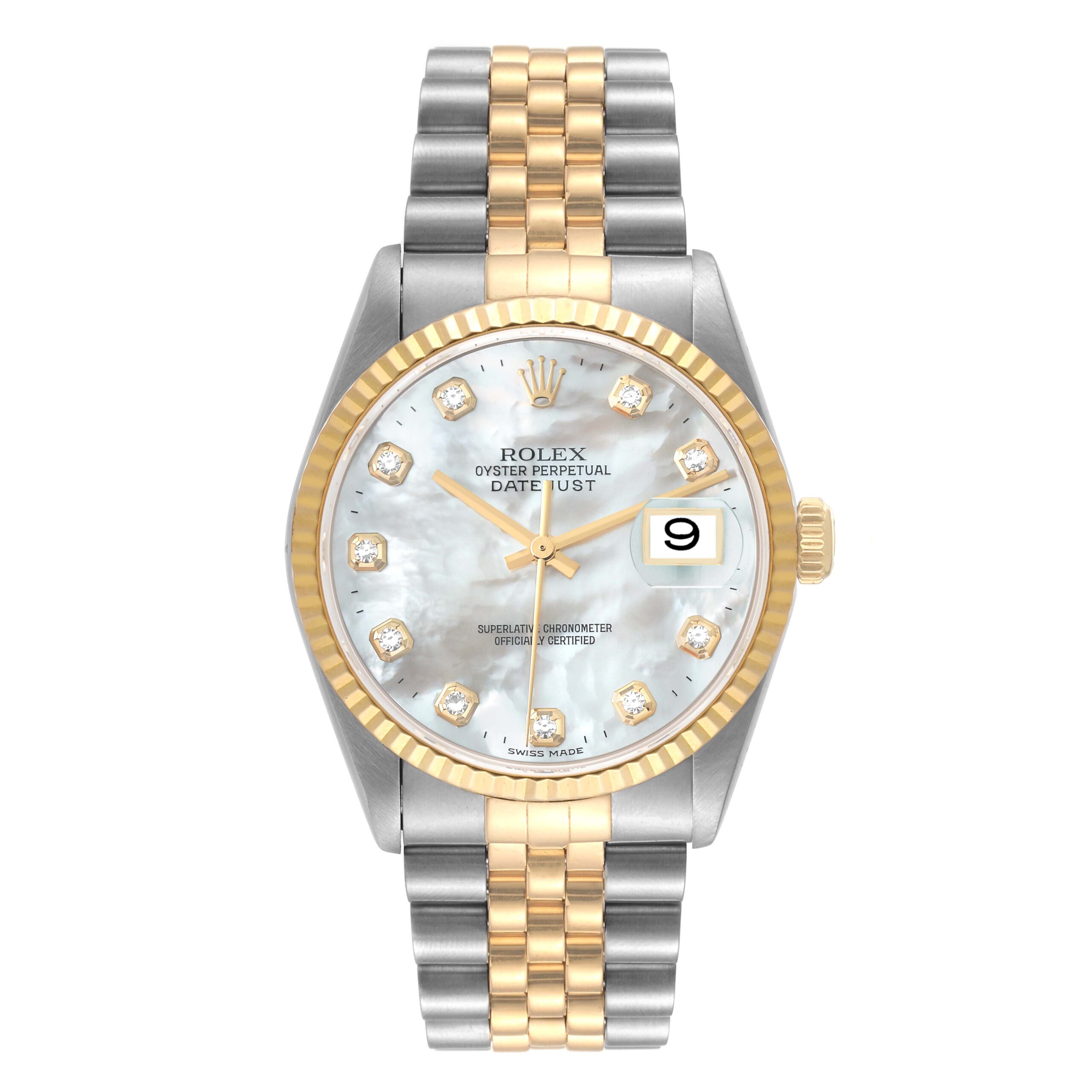 Rolex Datejust Steel Yellow Gold Mother of Pearl Diamond Dial Mens Watch 16233