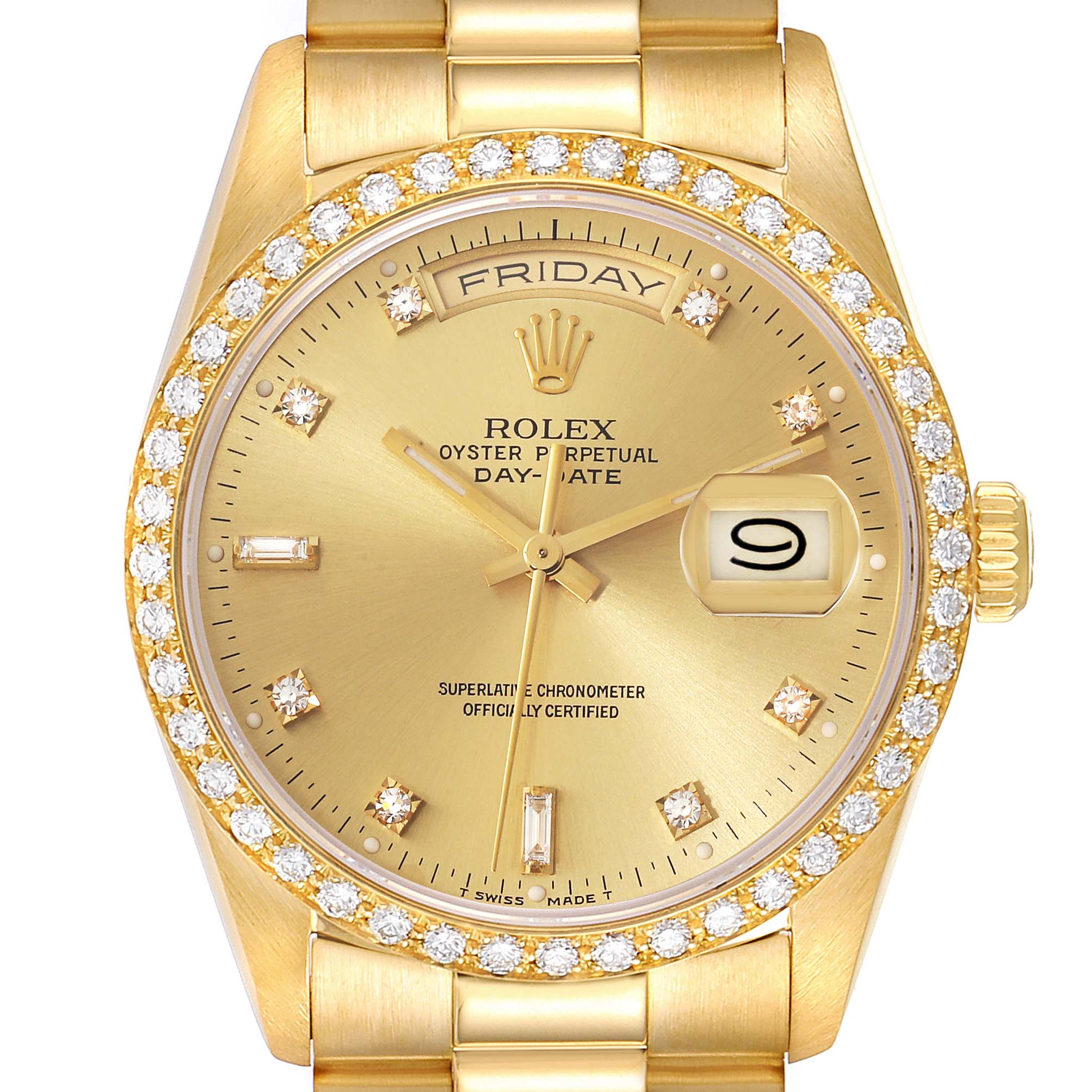 Rolex President Day Date 36mm Yellow Gold Diamond Mens Watch 18348