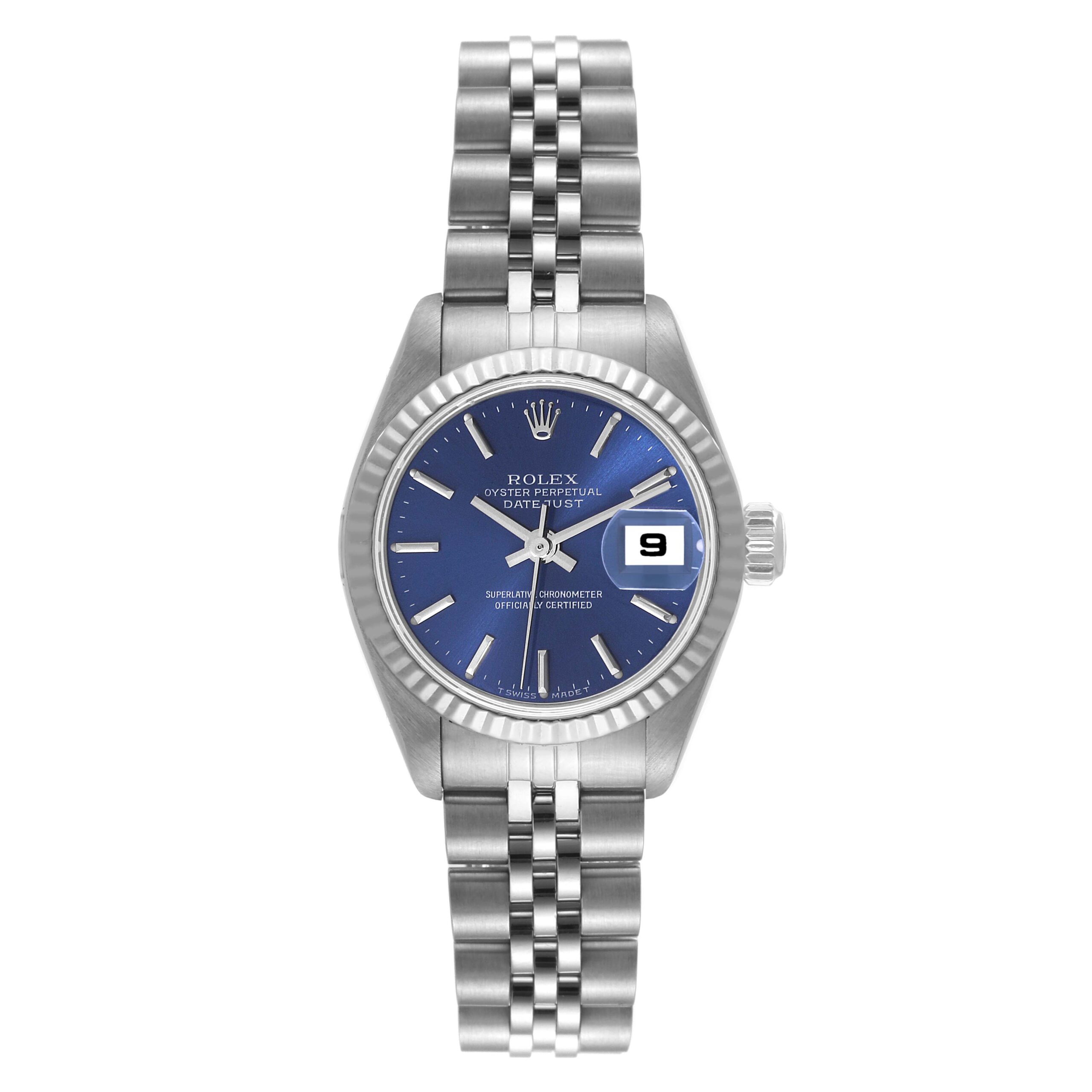 Rolex Datejust Steel White Gold Blue Baton Dial Ladies Watch 69174