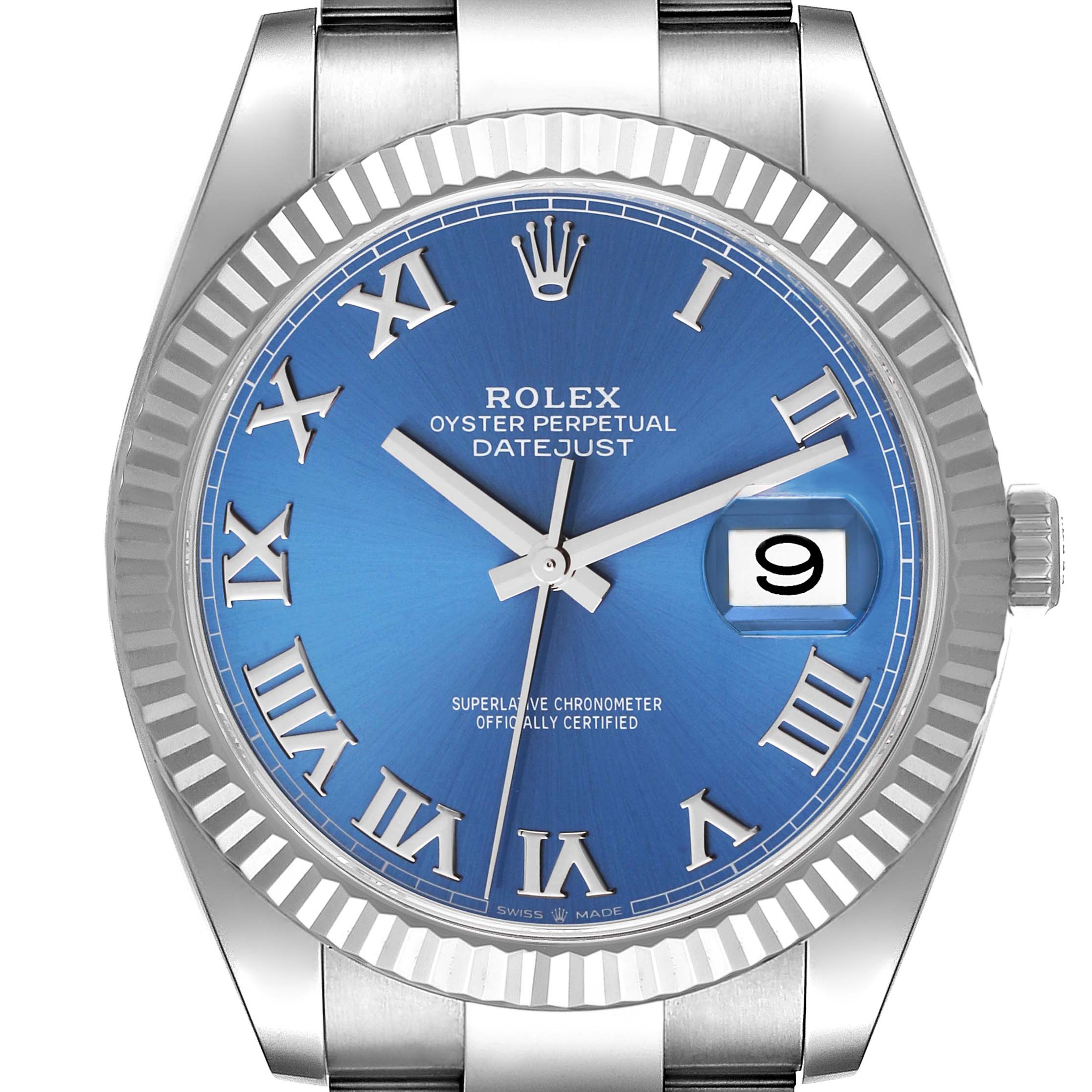 Rolex Datejust 41 Steel White Gold Blue Roman Dial Mens Watch 126334 Box Card