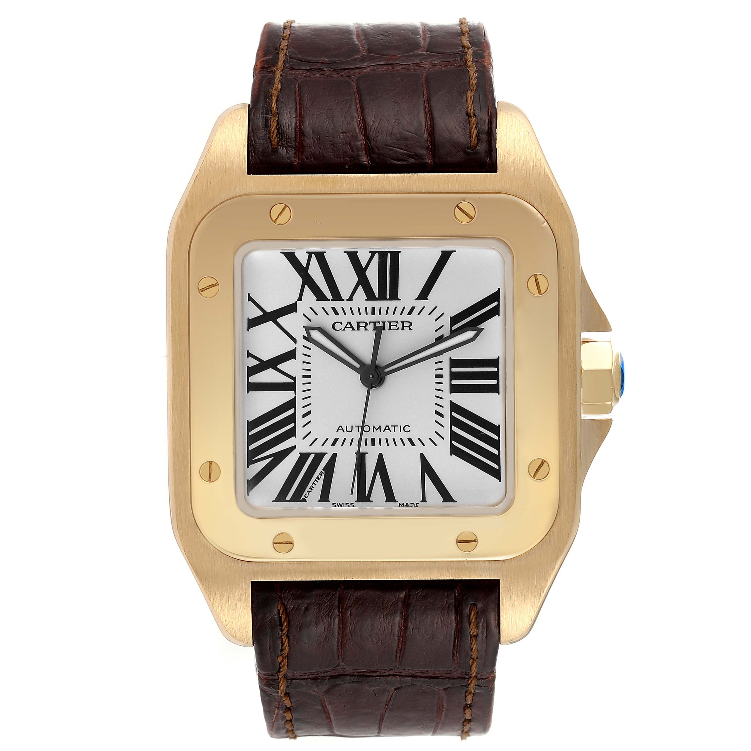 Cartier Santos 100 XL 18K Yellow Gold Brown Strap Mens Watch W20071Y1