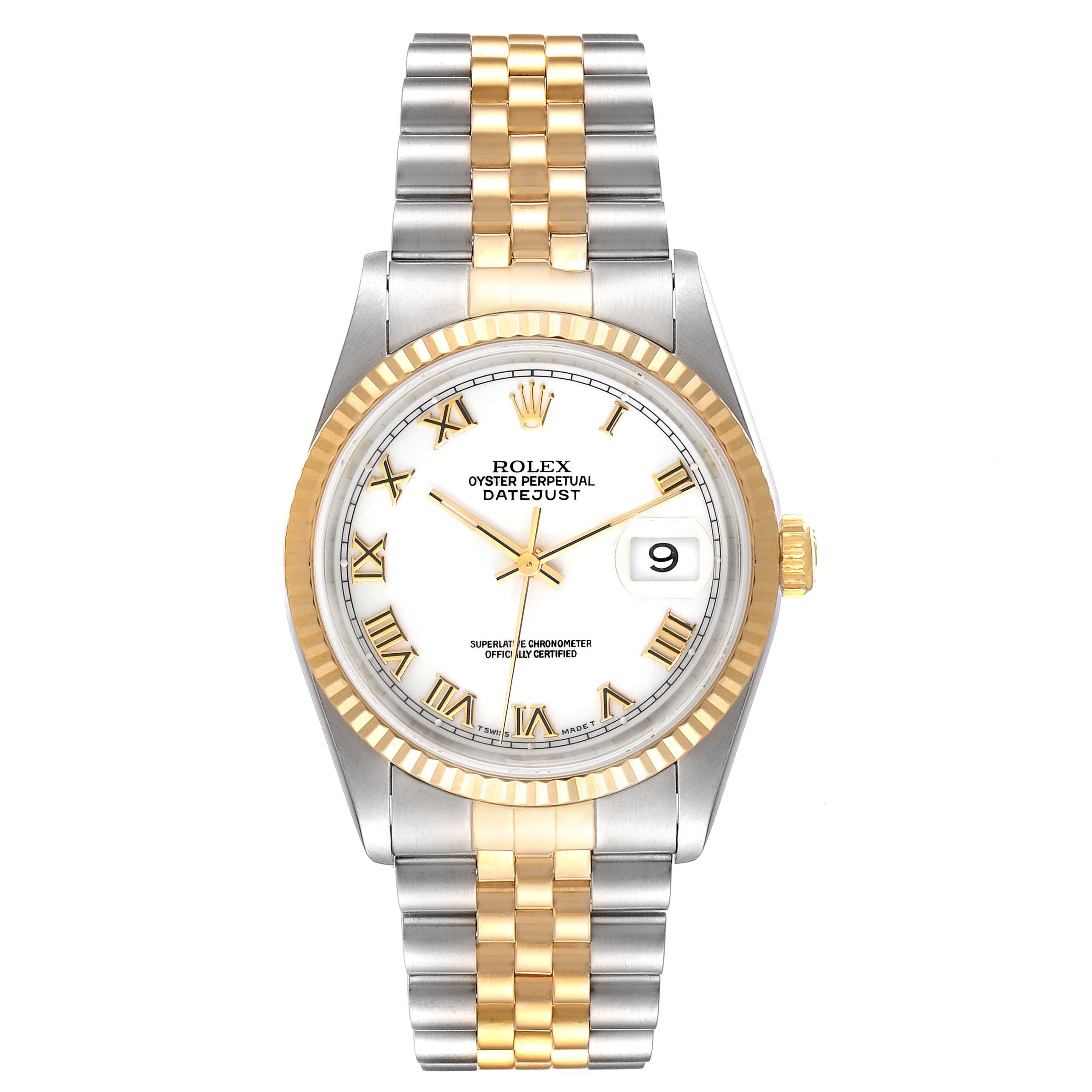 Rolex Datejust Steel Yellow Gold White Roman Dial Mens Watch 16233