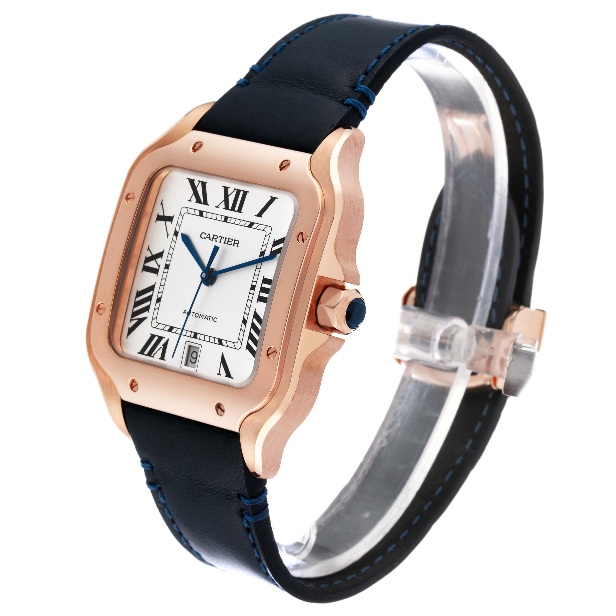 Cartier Santos Large Rose Gold Blue Strap Mens Watch WGSA0019 Card