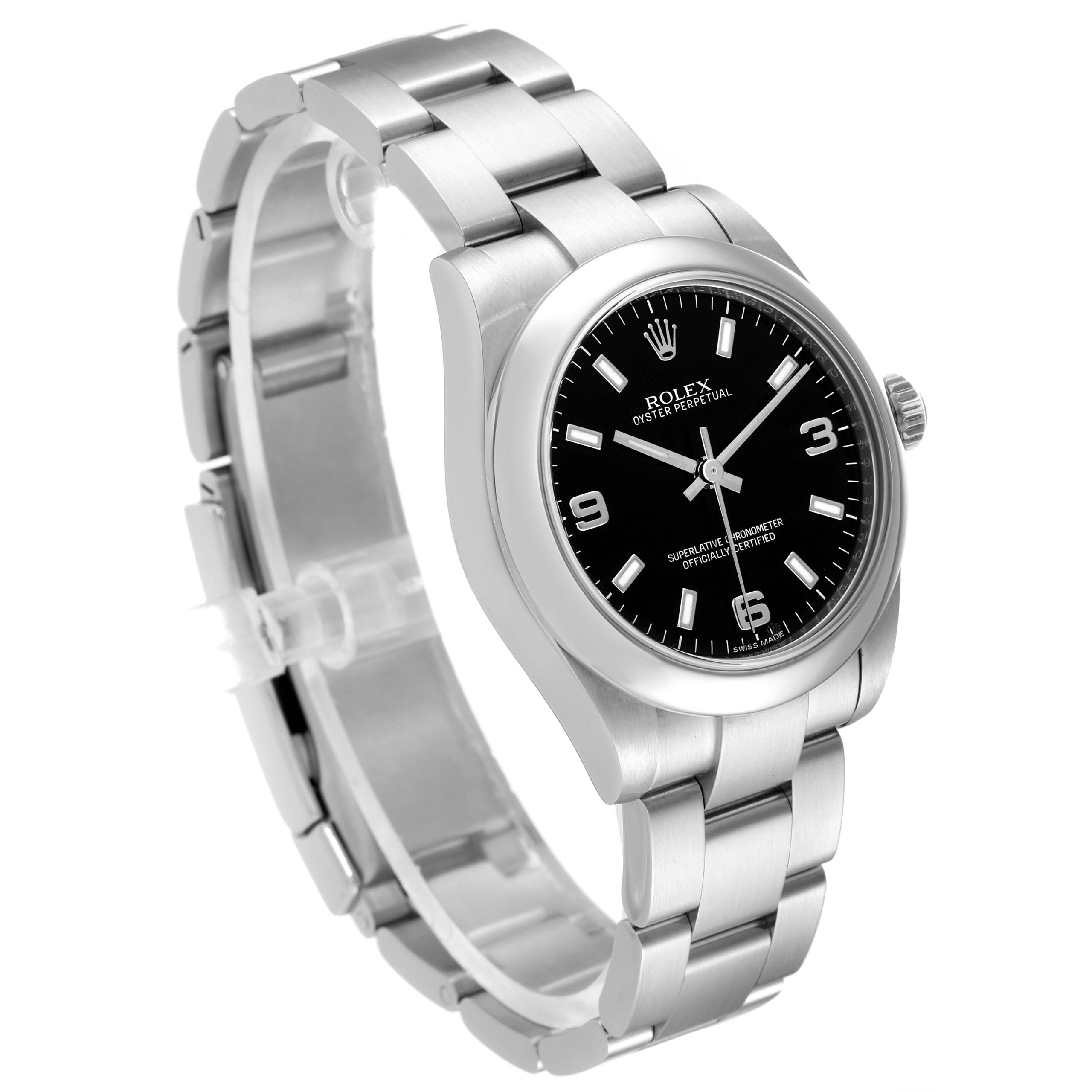 Rolex Midsize Black Dial Domed Bezel Steel Ladies Watch 177200 Box Card