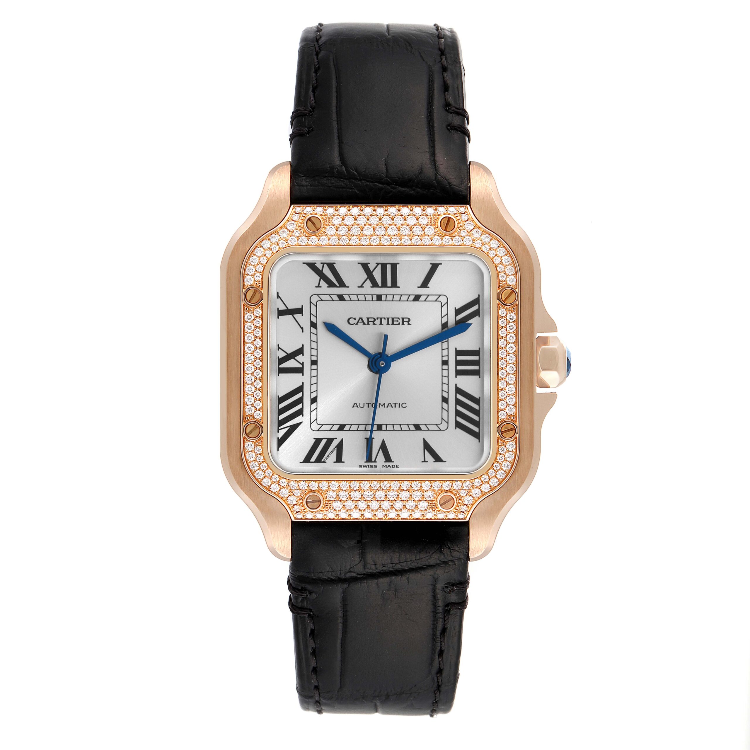 Cartier Santos Midsize Rose Gold Diamond Mens Watch WJSA0007 Box Card