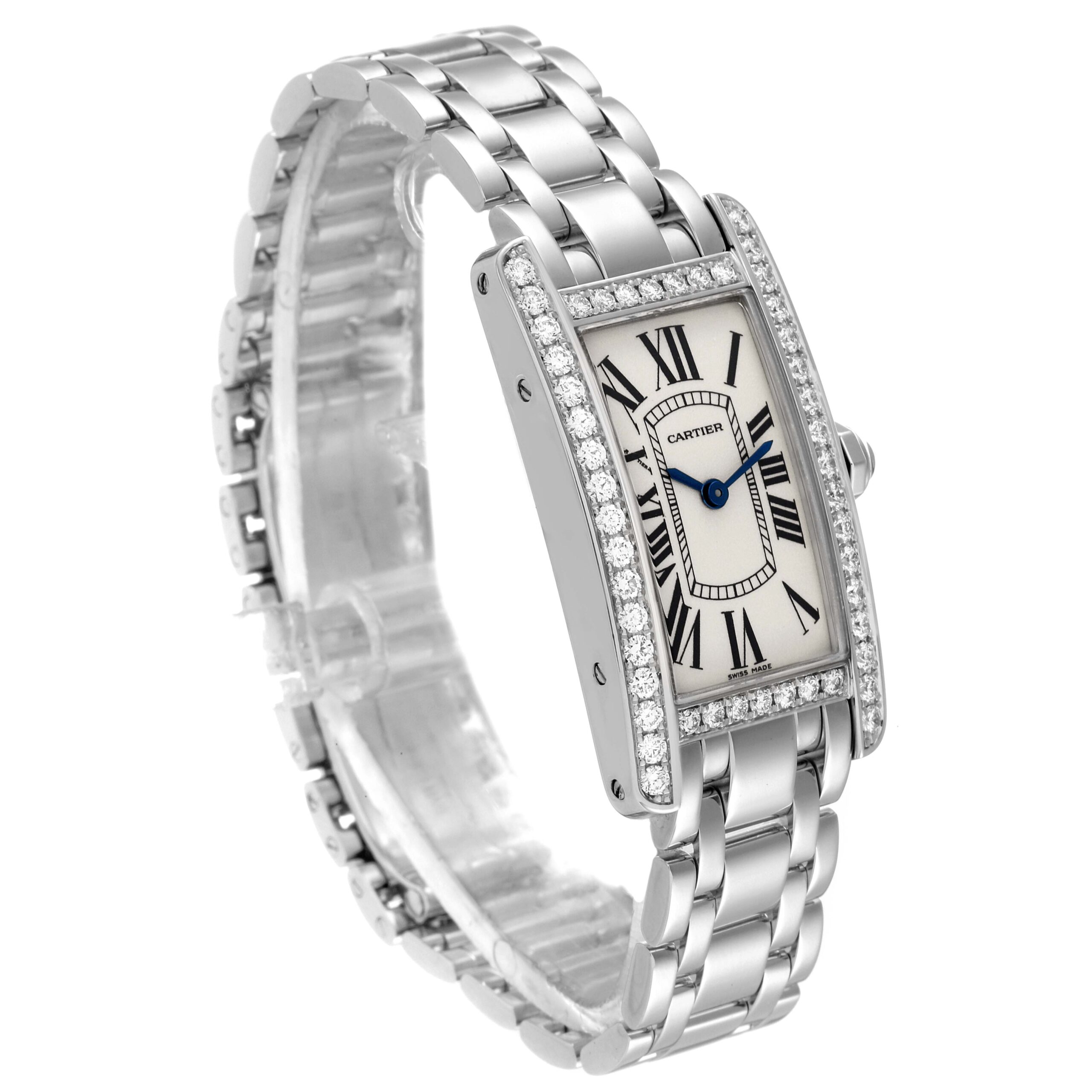 Cartier Tank Americaine White Gold Diamond Ladies Watch WB7073L1 Box Card