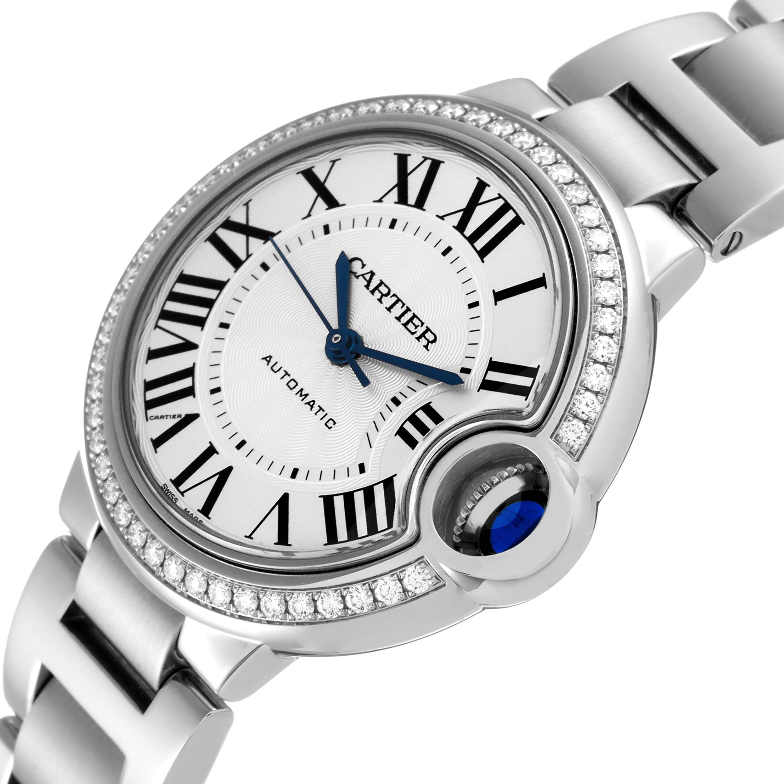 Cartier Ballon Bleu 33mm Steel Diamond Bezel Ladies Watch W4BB0016