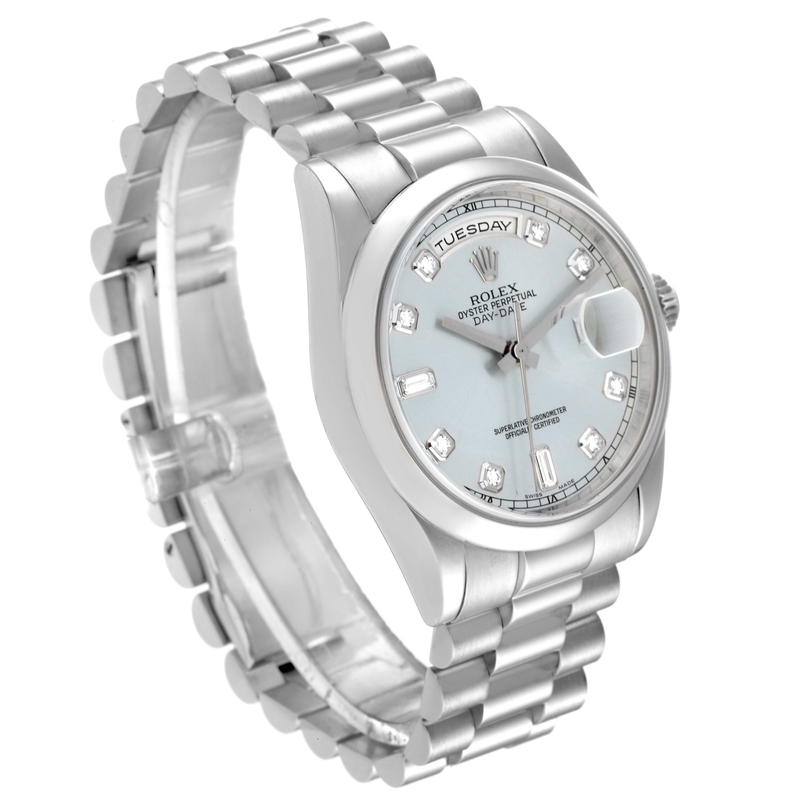 Rolex Day-Date President Platinum Ice Blue Diamond Dial Mens Watch 118206