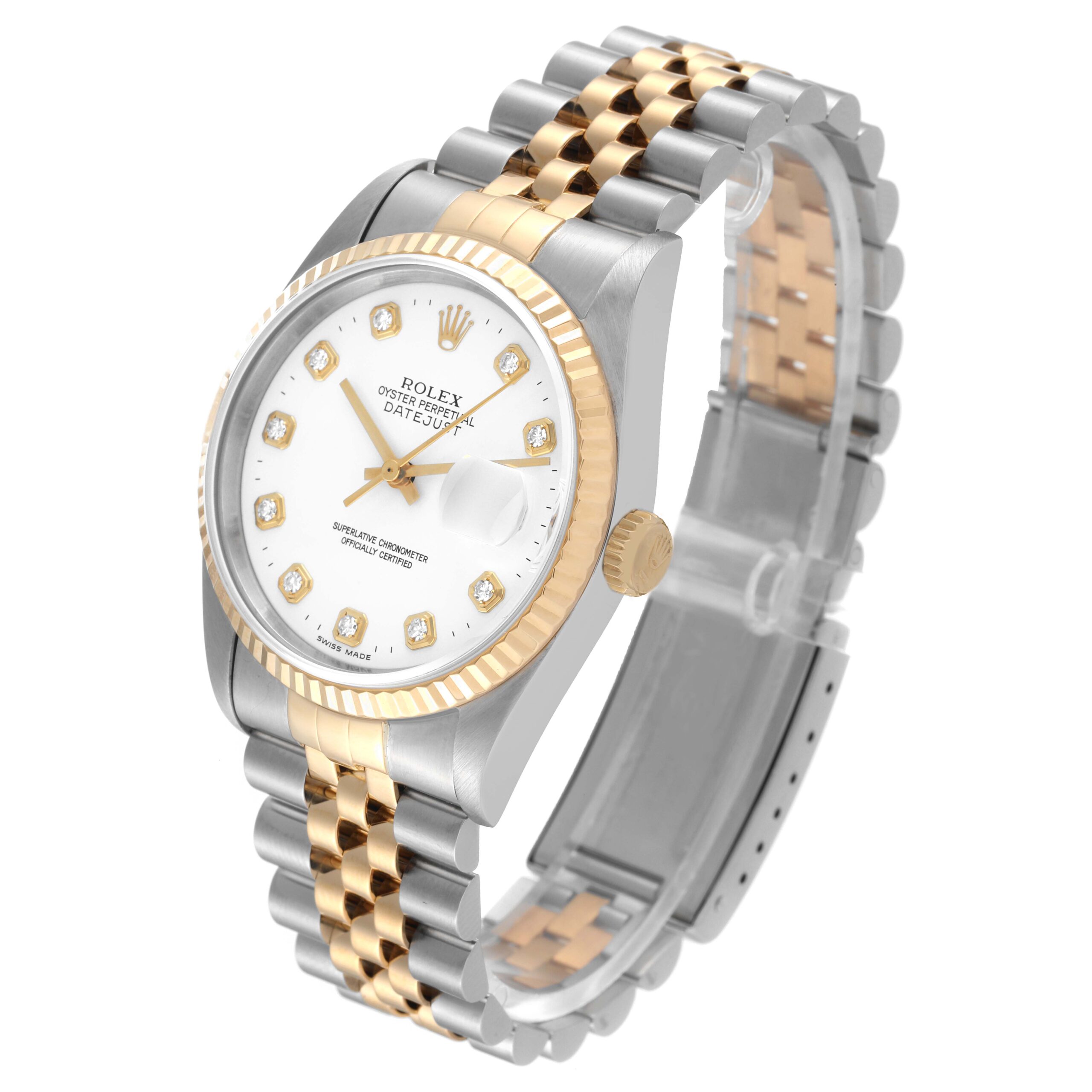 Rolex Datejust Steel Yellow Gold White Diamond Dial Mens Watch 16233